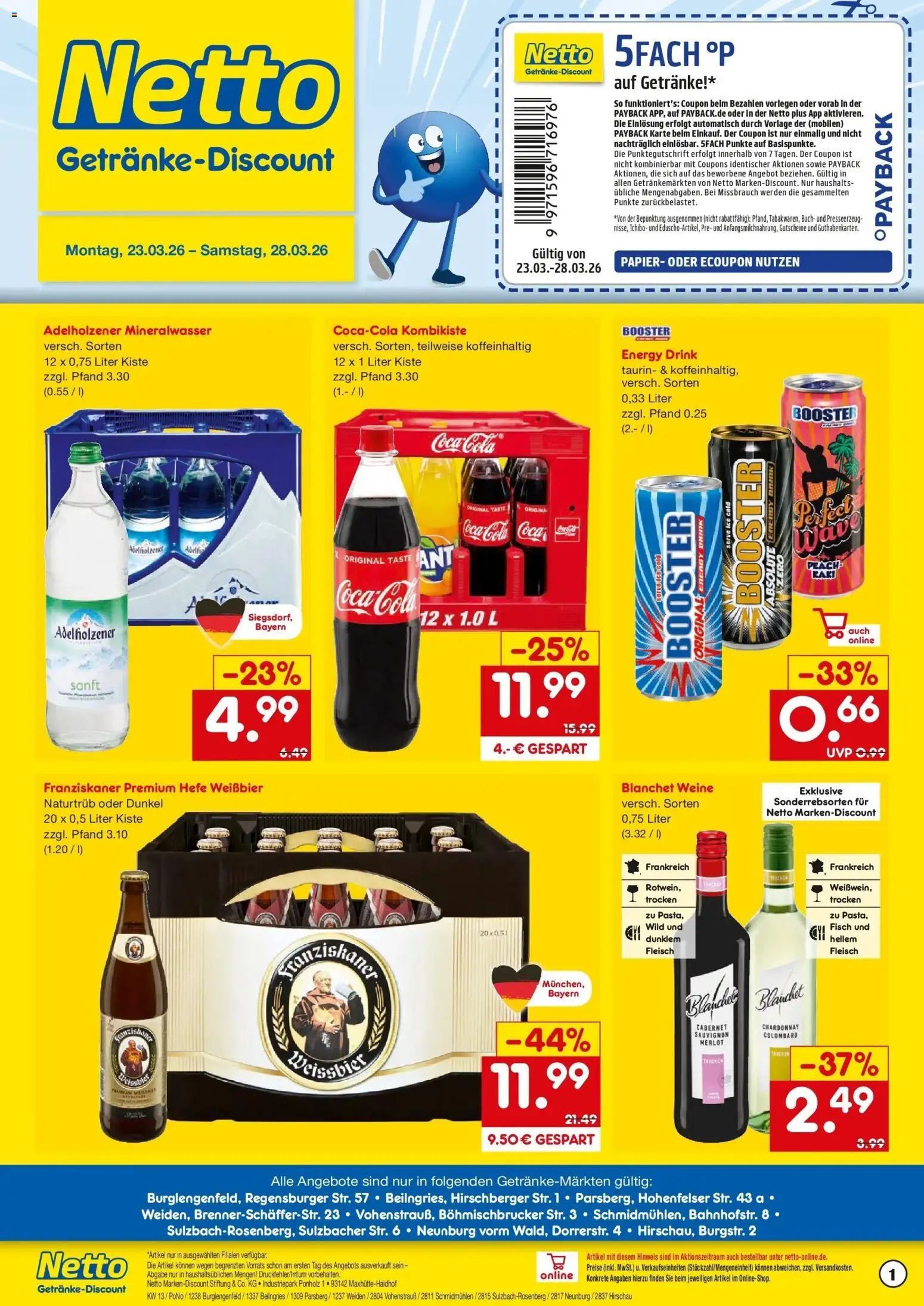 Netto Marken-Discount Prospekt Neunburg Vorm Wald	 – gültig ab 23.03.2026 | Seite: 1 | Produkte: Franziskaner, Cola, Adelholzener, Hefe weissbier