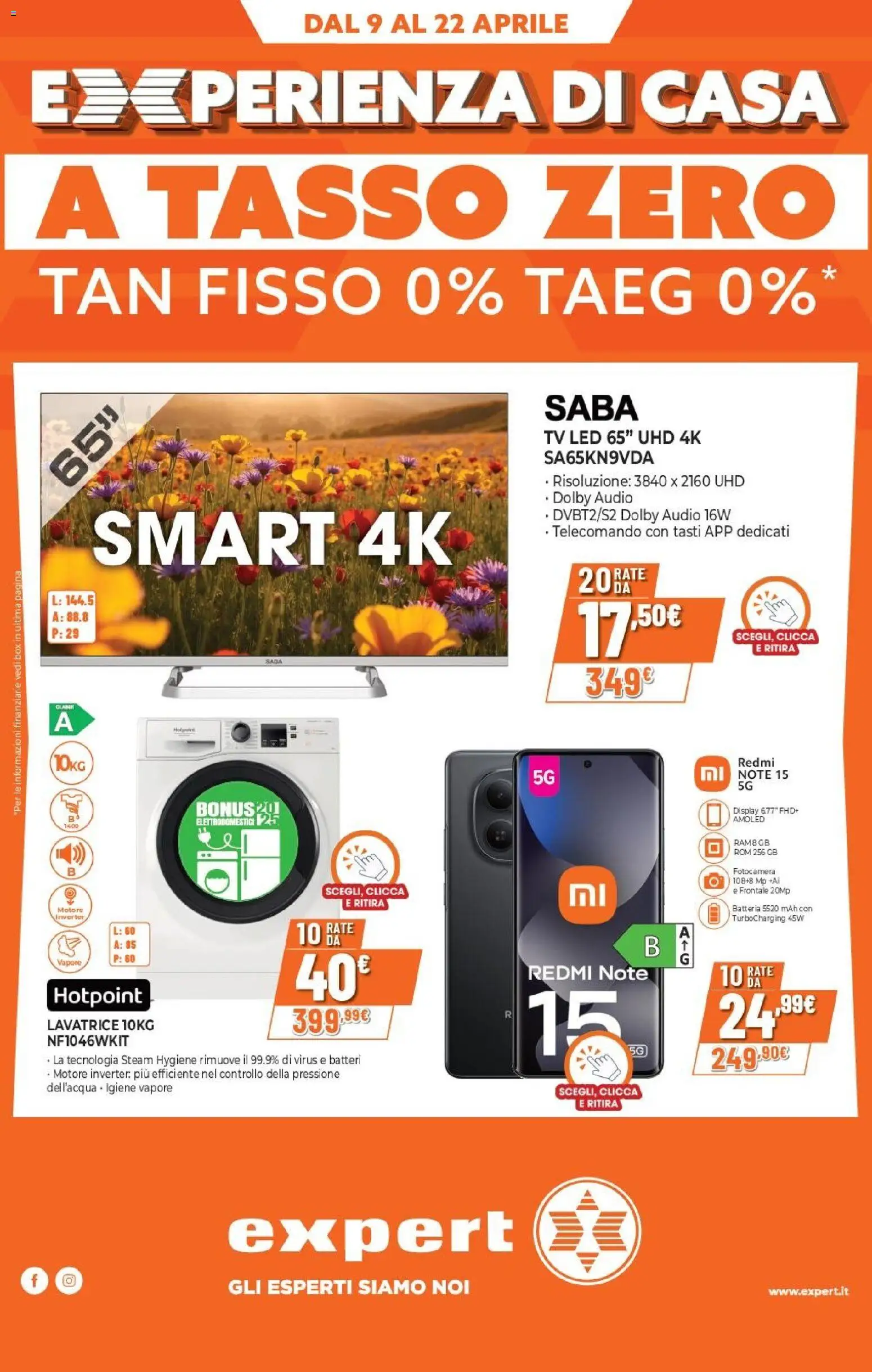 Volantino Expert del 09.04.2026 | Pagina: 1 | Prodotti: Lavatrice, TV, Audio, Batteria