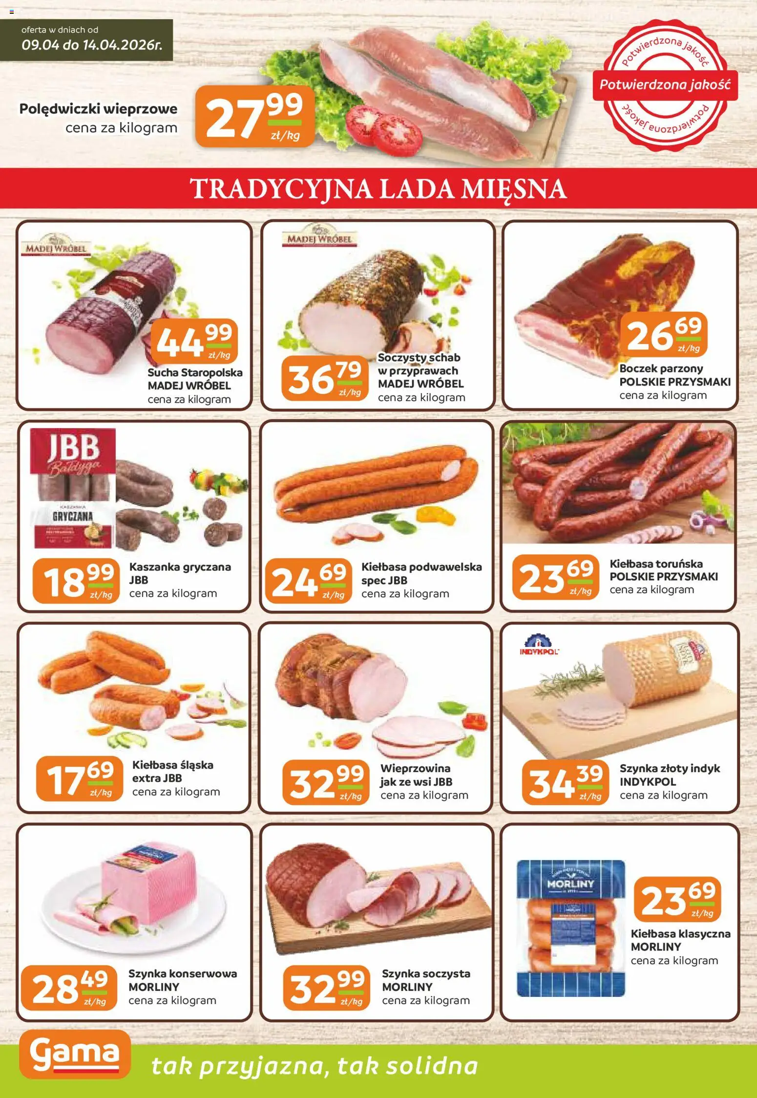 Gama gazetka od 09.04.2026 | Strona: 2 | Produkty: Kiełbasa, Szynka, Kiełbasa podwawelska, Wieprzowina