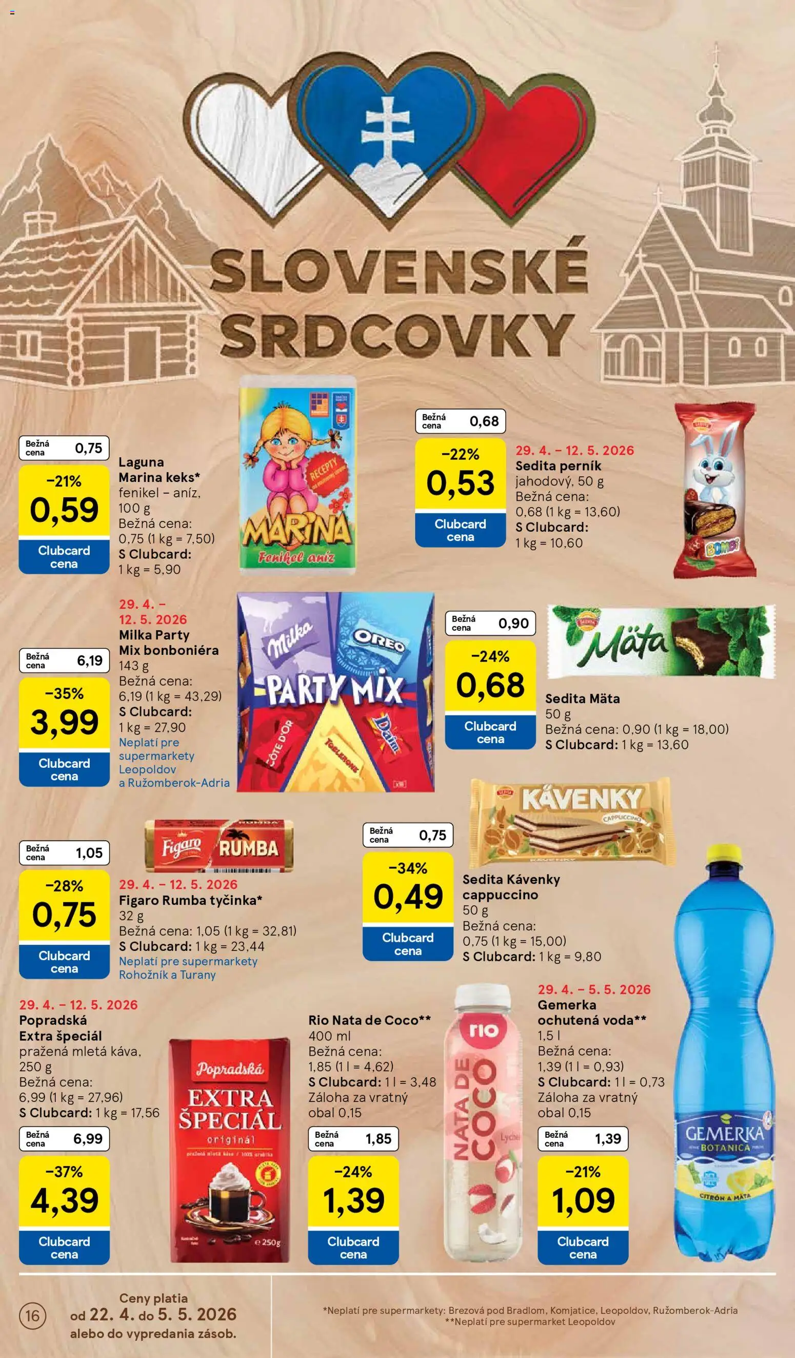 Nové Tesco akcie – leták je platný od 29.04.2026 | Strana: 16 | Produkty: Milka, Voda, Gemerka