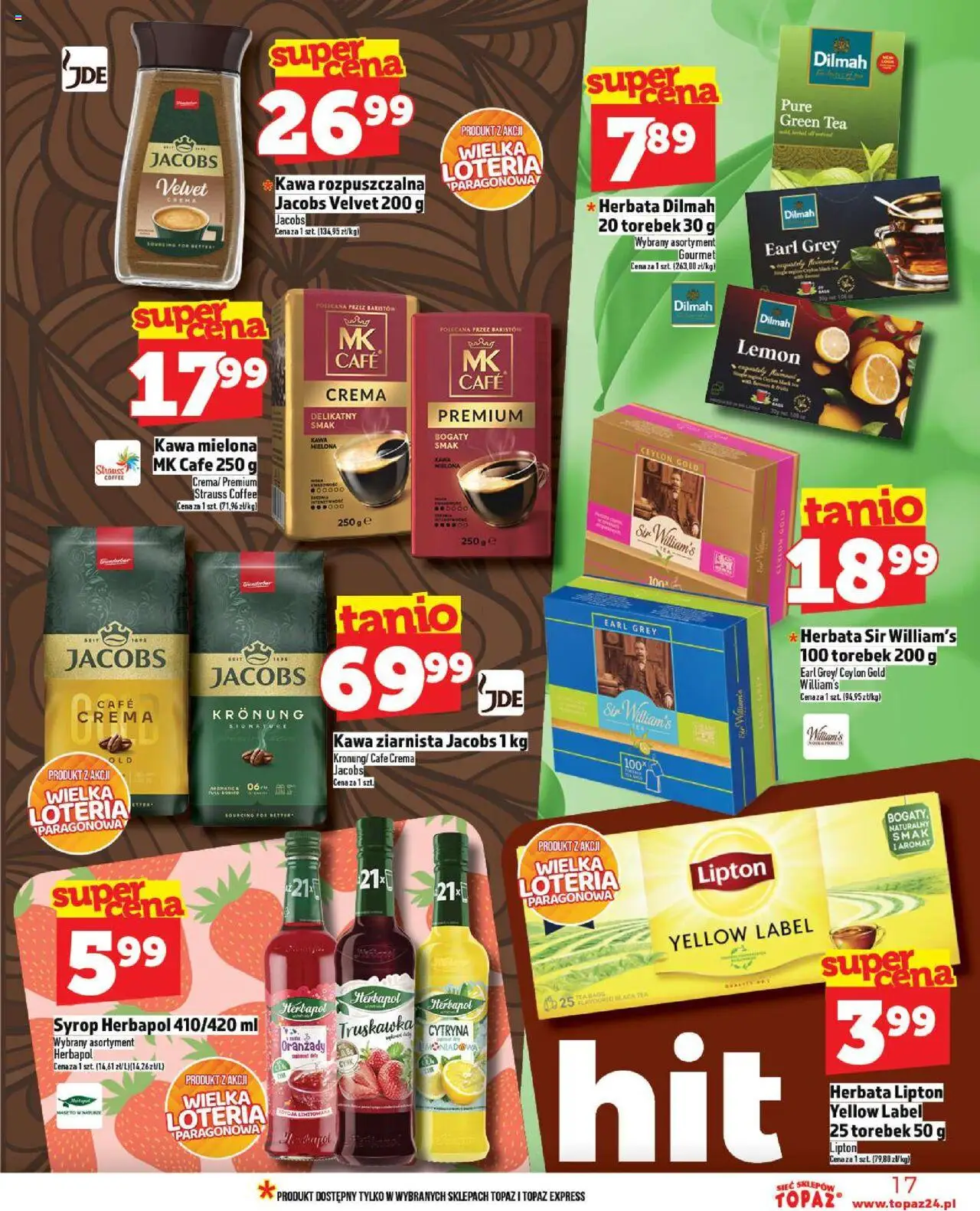 Topaz Gazetka MAZ od 18.09.2025 | Strona: 17 | Produkty: Syrop, Kawa rozpuszczalna, Herbata lipton, Herbata