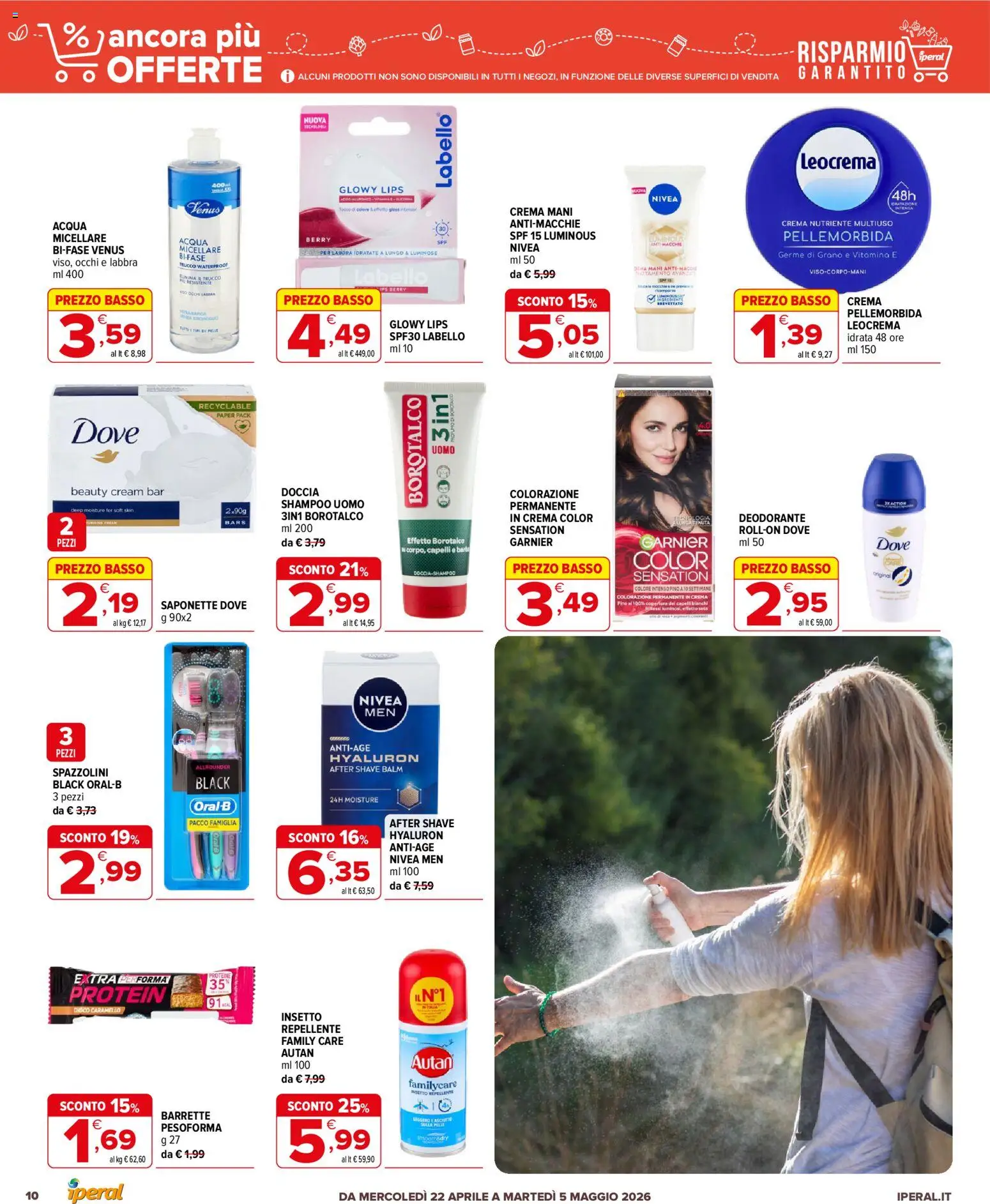 Volantino Iperal del 22.04.2026 | Pagina: 10 | Prodotti: Shampoo, Crema, Deodorante, Acqua