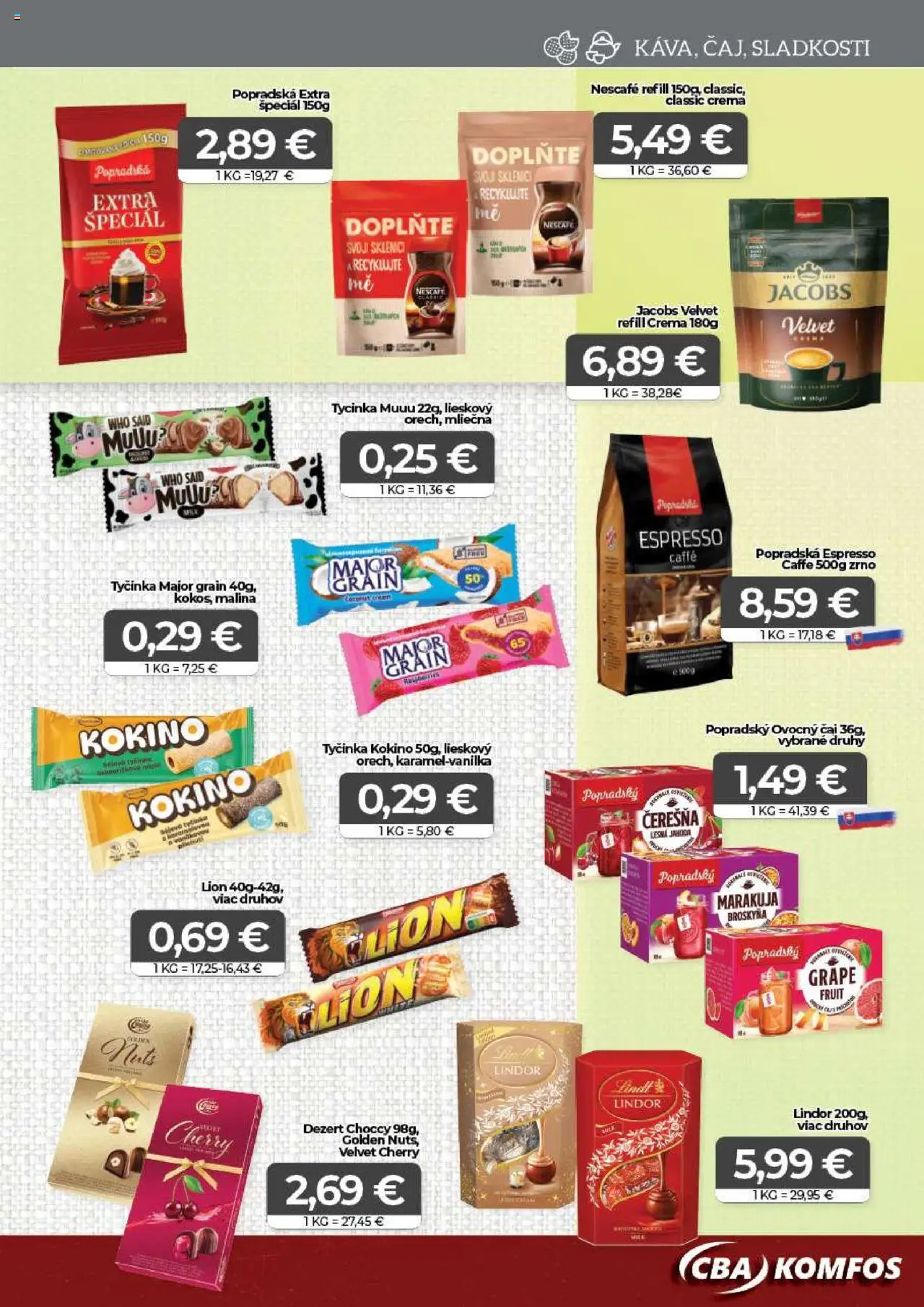 CBA Komfos Leták │ platný od 22.08.2025 | Strana: 9 | Produkty: Jacobs Velvet, Čaj, Lindor