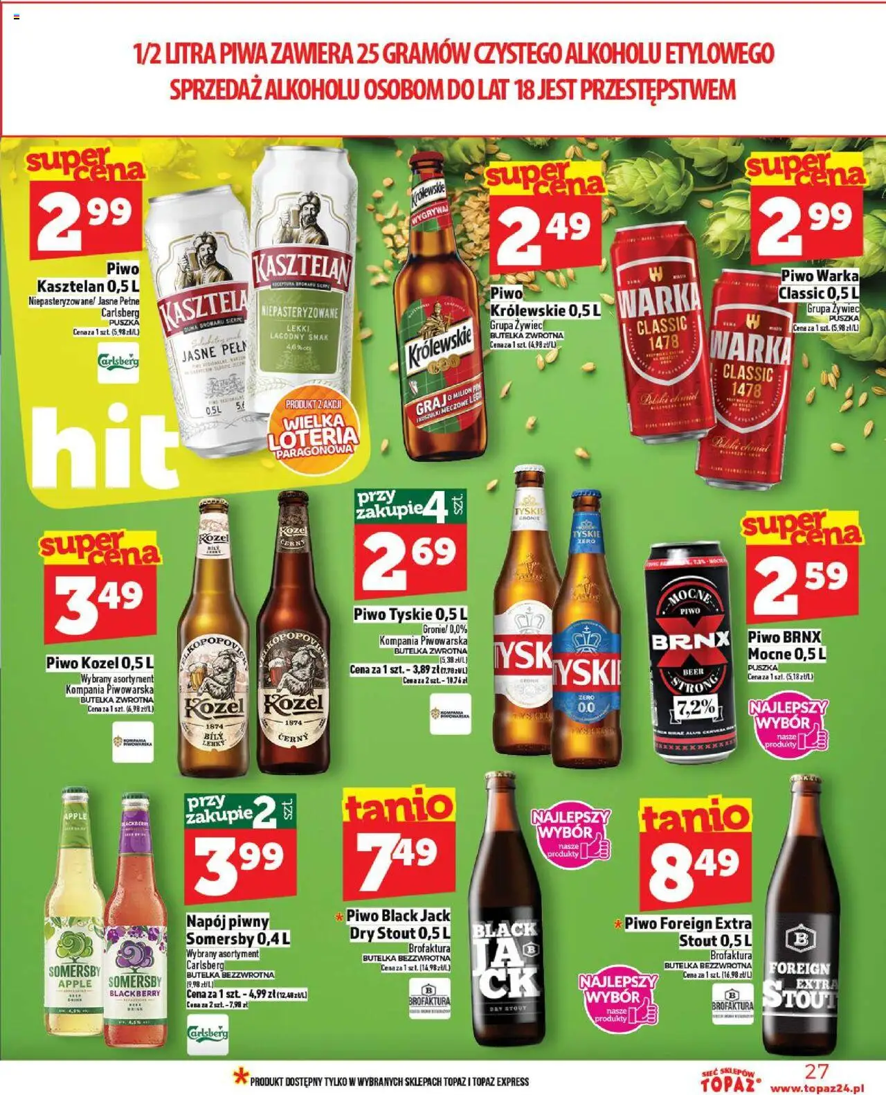 Topaz Gazetka MAZ od 16.10.2025 | Strona: 27 | Produkty: Piwo Warka, Tyskie, Piwo, Piwo kozel