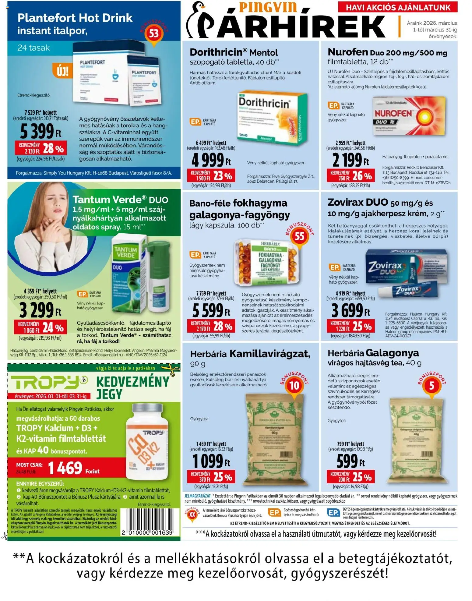 Pingvin Patika akciós ujság - amely érvényes a következő dátumtól: 01.03.2026 | Oldal: 14 | Termékek: Fokhagyma, Tévé, Bor, Gyógyszerek