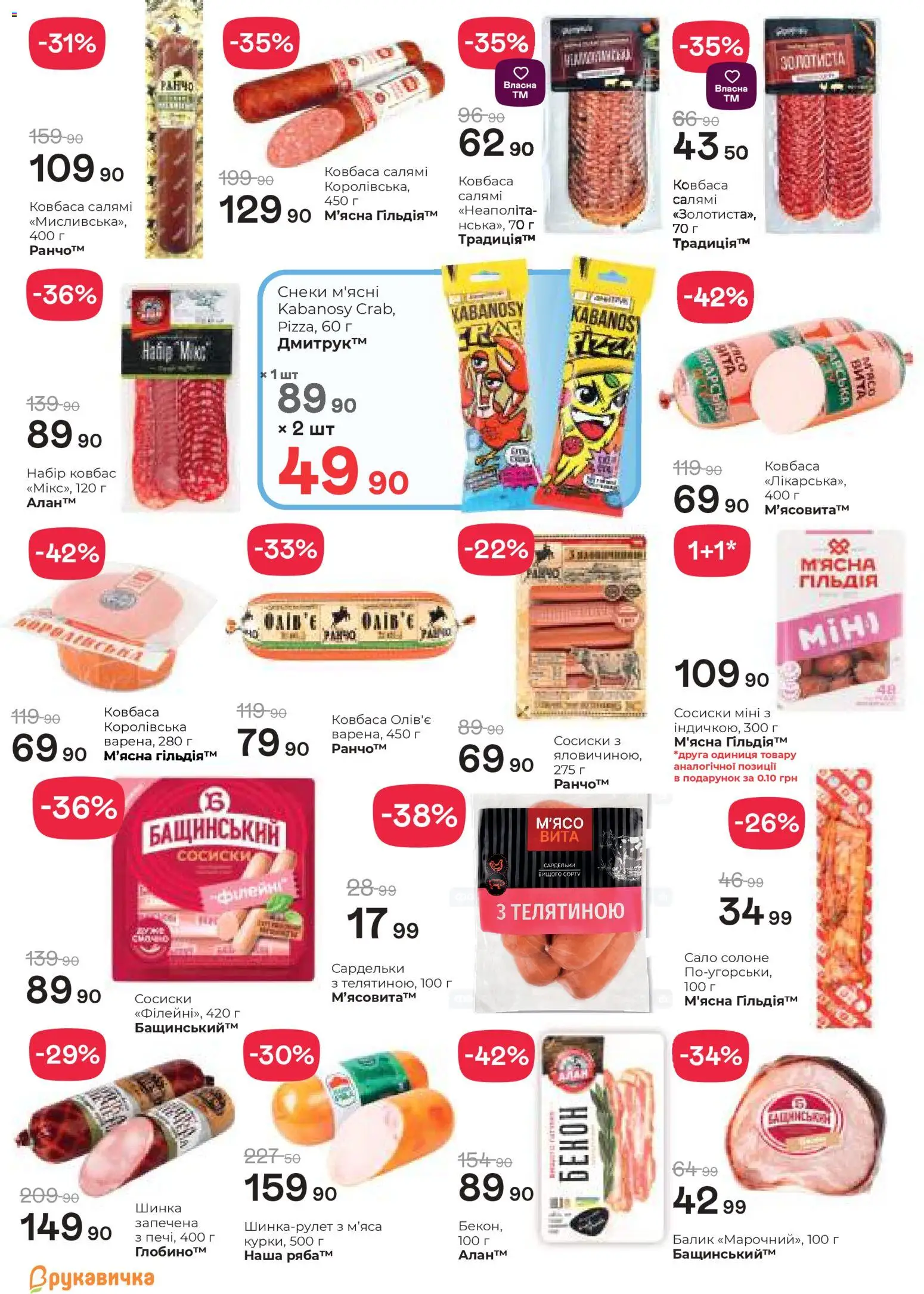Рукавичка Kаталог - дійснийкції з 02.04.2026 | Сторінка: 10 | Товари: Салямі, Шинка, Сардельки, Сосиски