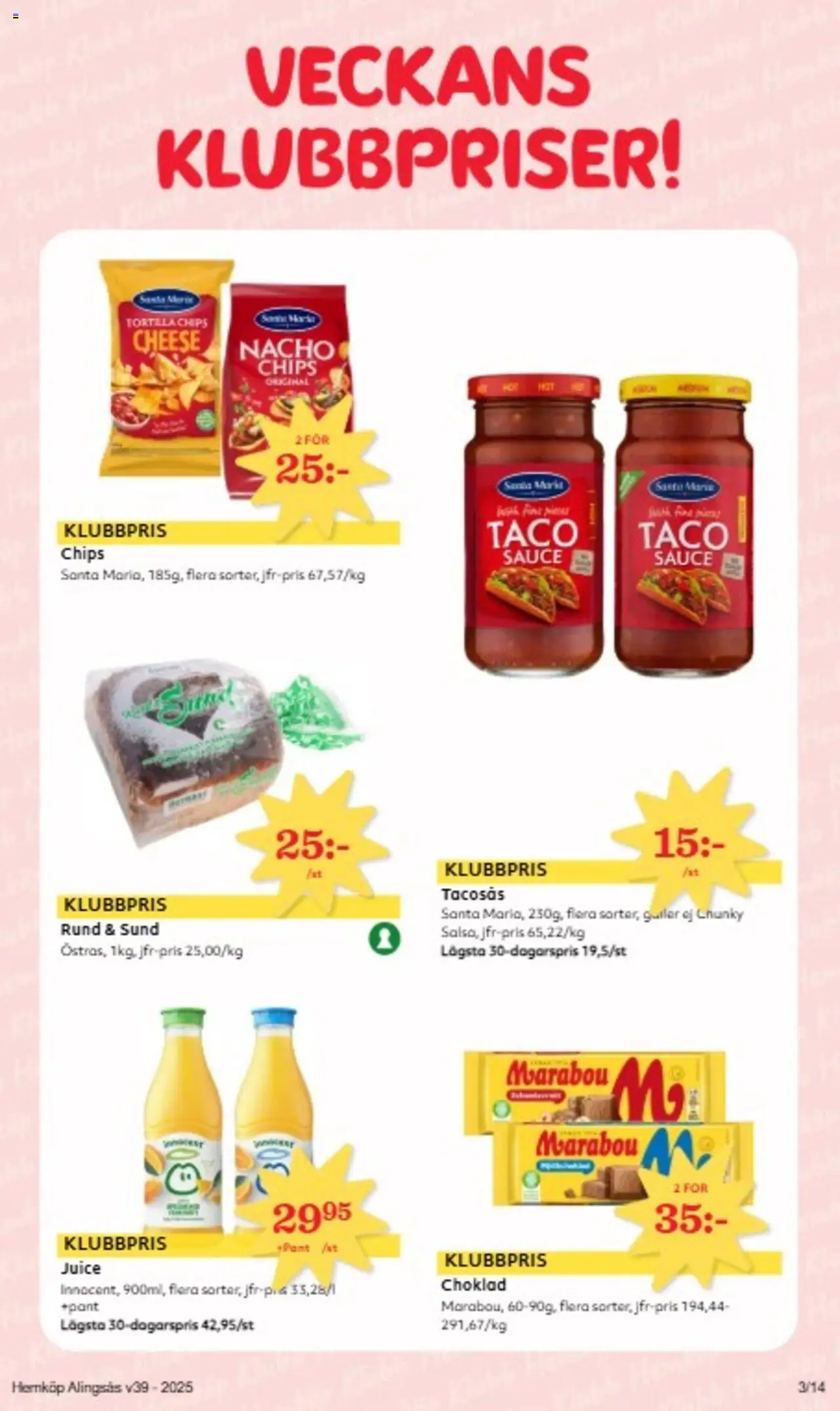 Hemköp reklamblad aktuell från 22.09.2025 | Sida: 3 | Produkter: Tacosås, Chips, Choklad, Juice