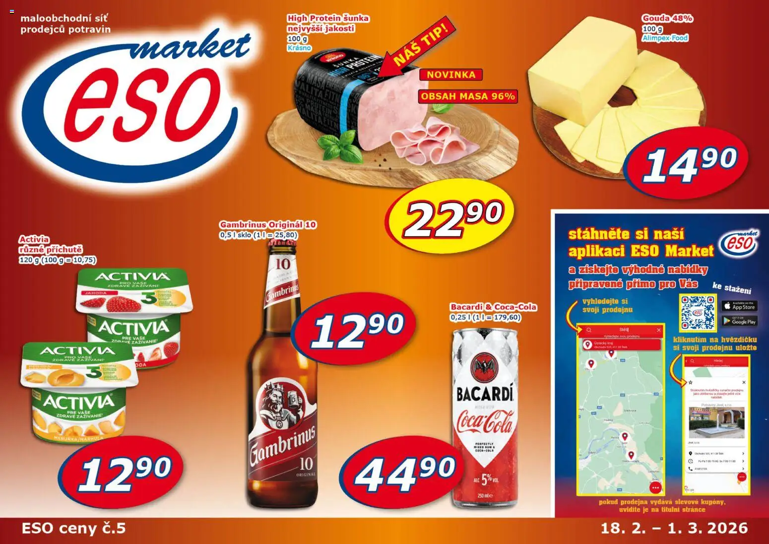 Eso market leták od 18.02.2026 | Strana: 1 | Produkty: Gouda, Šunka, Síť, Protein