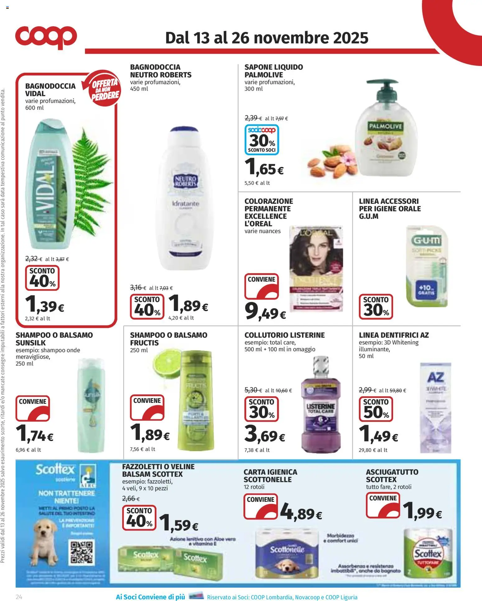 Volantino COOP del 13.11.2025 | Pagina: 24 | Prodotti: Shampoo, Sapone, Collutorio, Data
