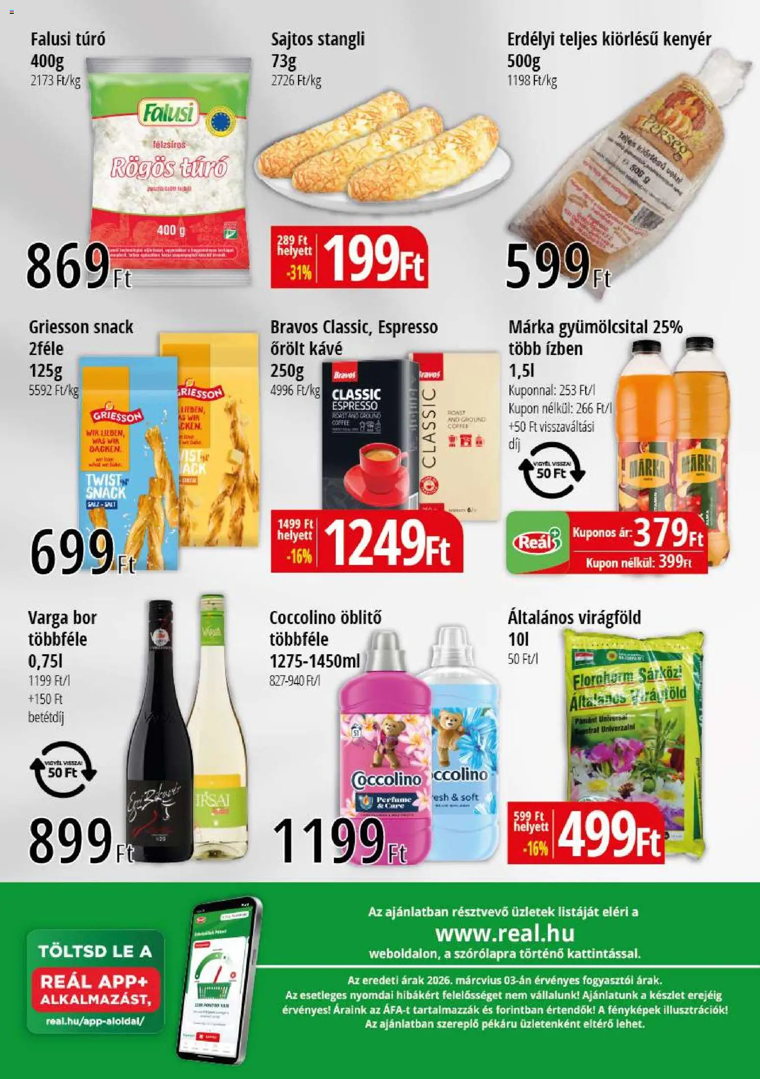 Reál akciós ujság - amely érvényes a következő dátumtól: 11.03.2026 | Oldal: 2 | Termékek: Coccolino, Kenyér, Teljes kiőrlésű kenyér, Alma