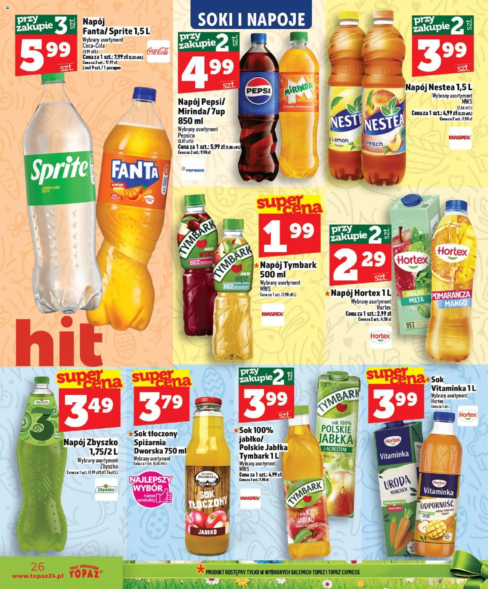 Topaz gazetka - Ceny małe na stałe od 26.03.2026 | Strona: 26 | Produkty: Mango, Pepsi, Sprite, Sok