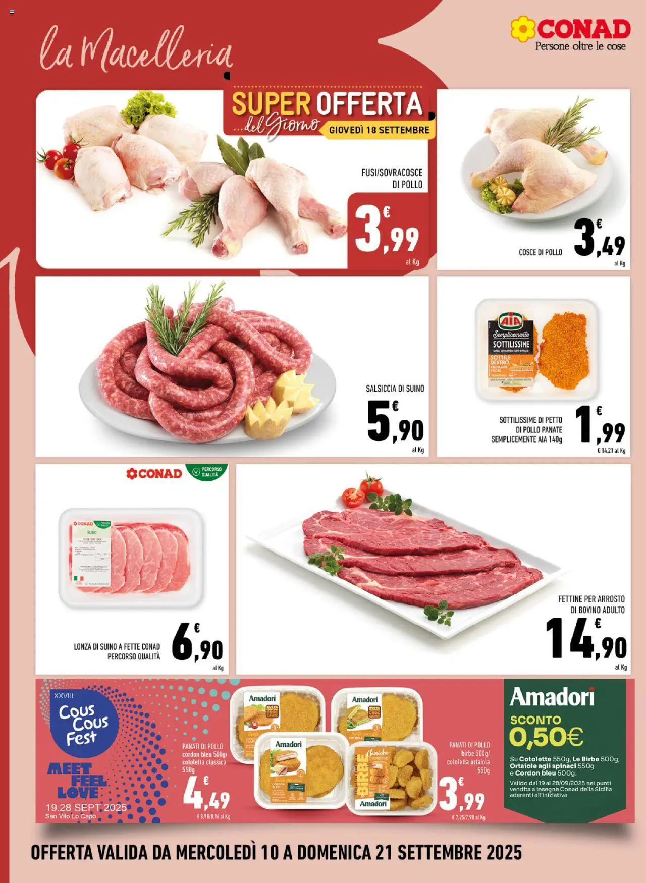 Volantino Conad del 10.09.2025 | Pagina: 4 | Prodotti: Petto di Pollo, Pollo, Salsiccia, Spinaci