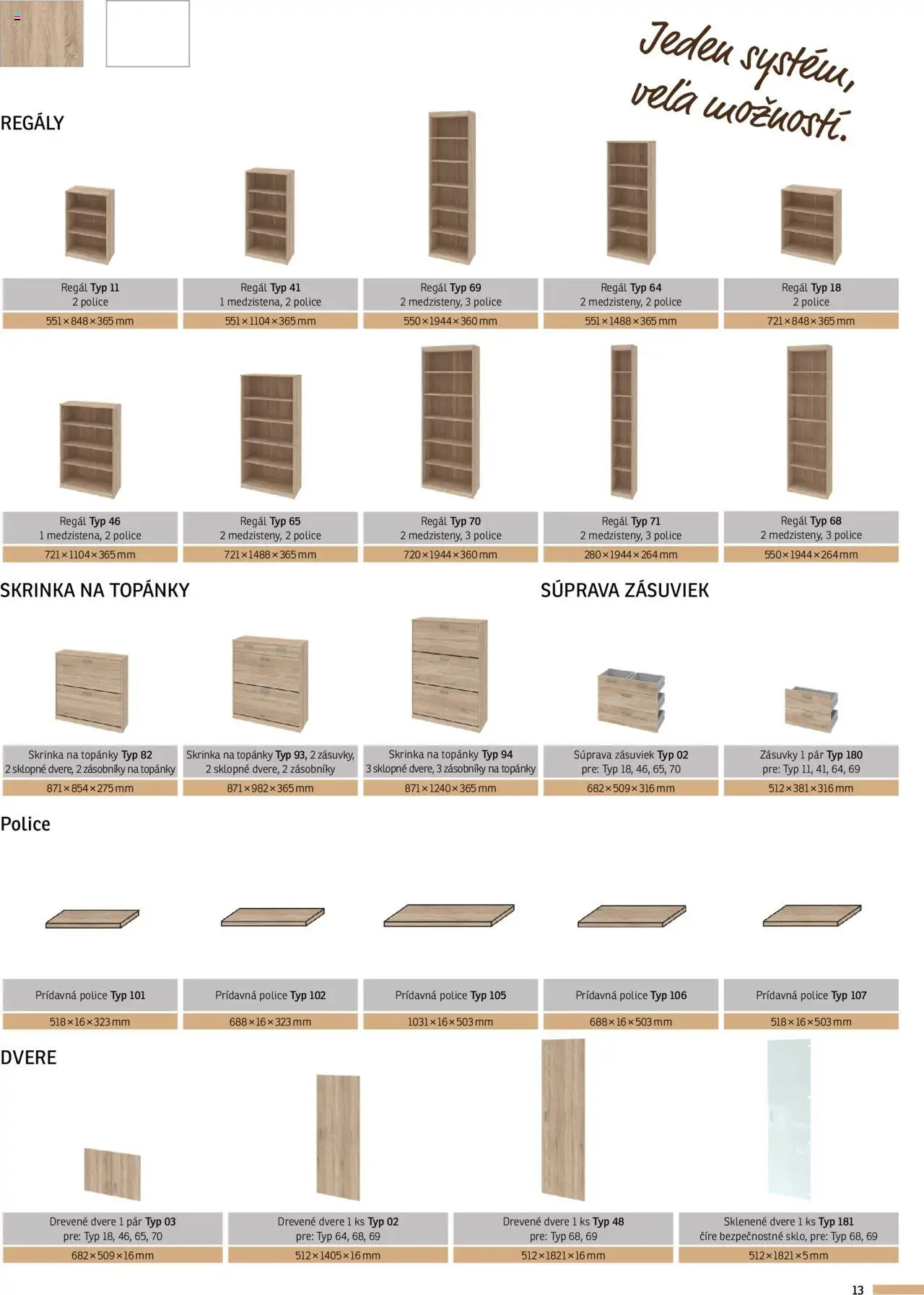Nové ASKO nábytok akcie – leták je platný od 07.08.2024 | Strana: 13 | Produkty: Regál, Drevené dvere, Skrinka, Police