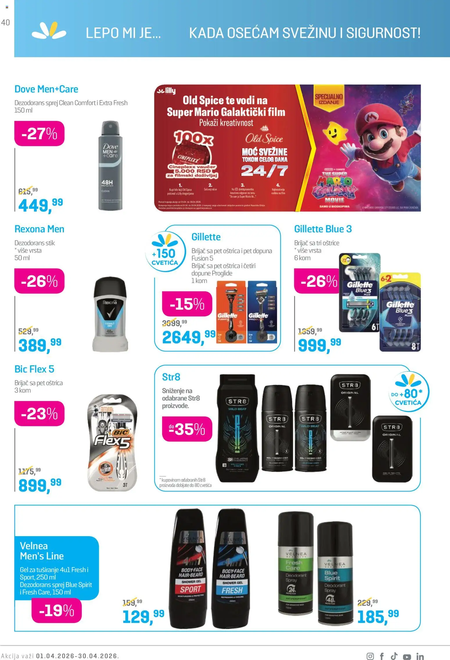 Lilly drogerie katalog - važi od 01.04.2026 | Strana: 40 | Proizvode: Gillette, Brijač, Dove, Dezodorans