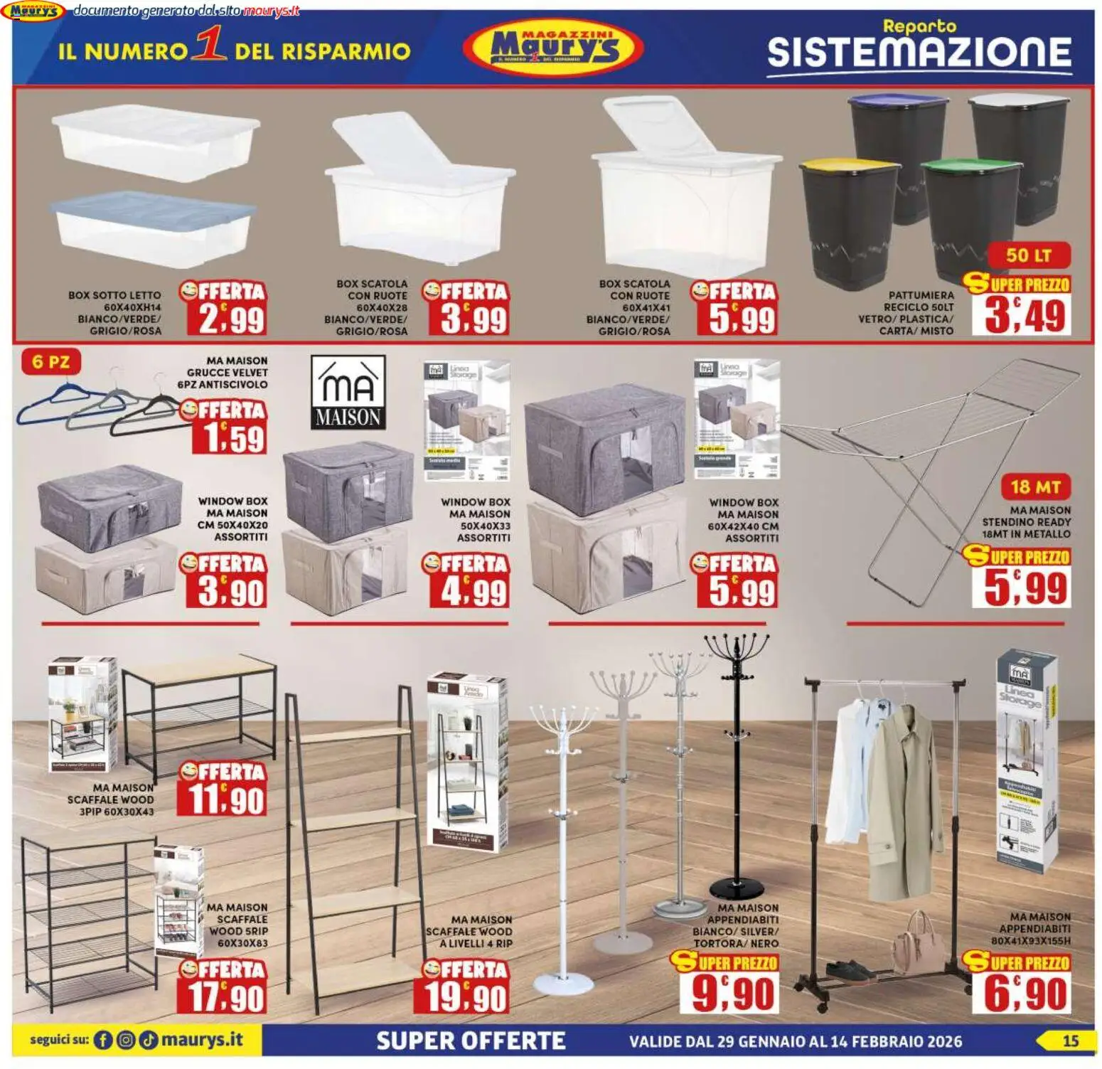 Volantino Maury's del 29.01.2026 | Pagina: 15 | Prodotti: Scaffale, Pattumiera, Stendino, Scatola