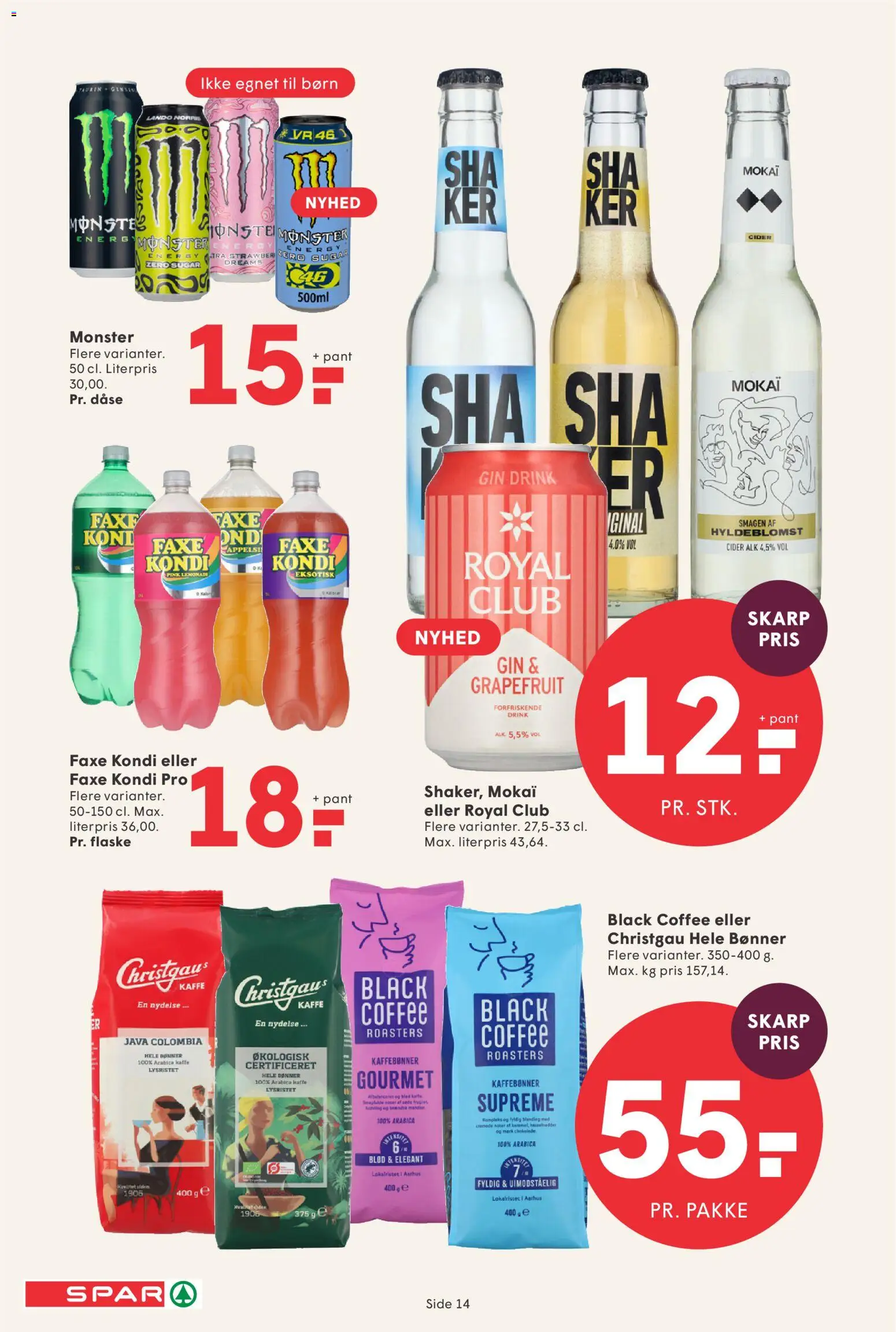 Spar tilbudsavis – gyldig fra 24.04.2026 | Side: 14 | Produkter: Kaffe, Gin, Cider, Faxe Kondi