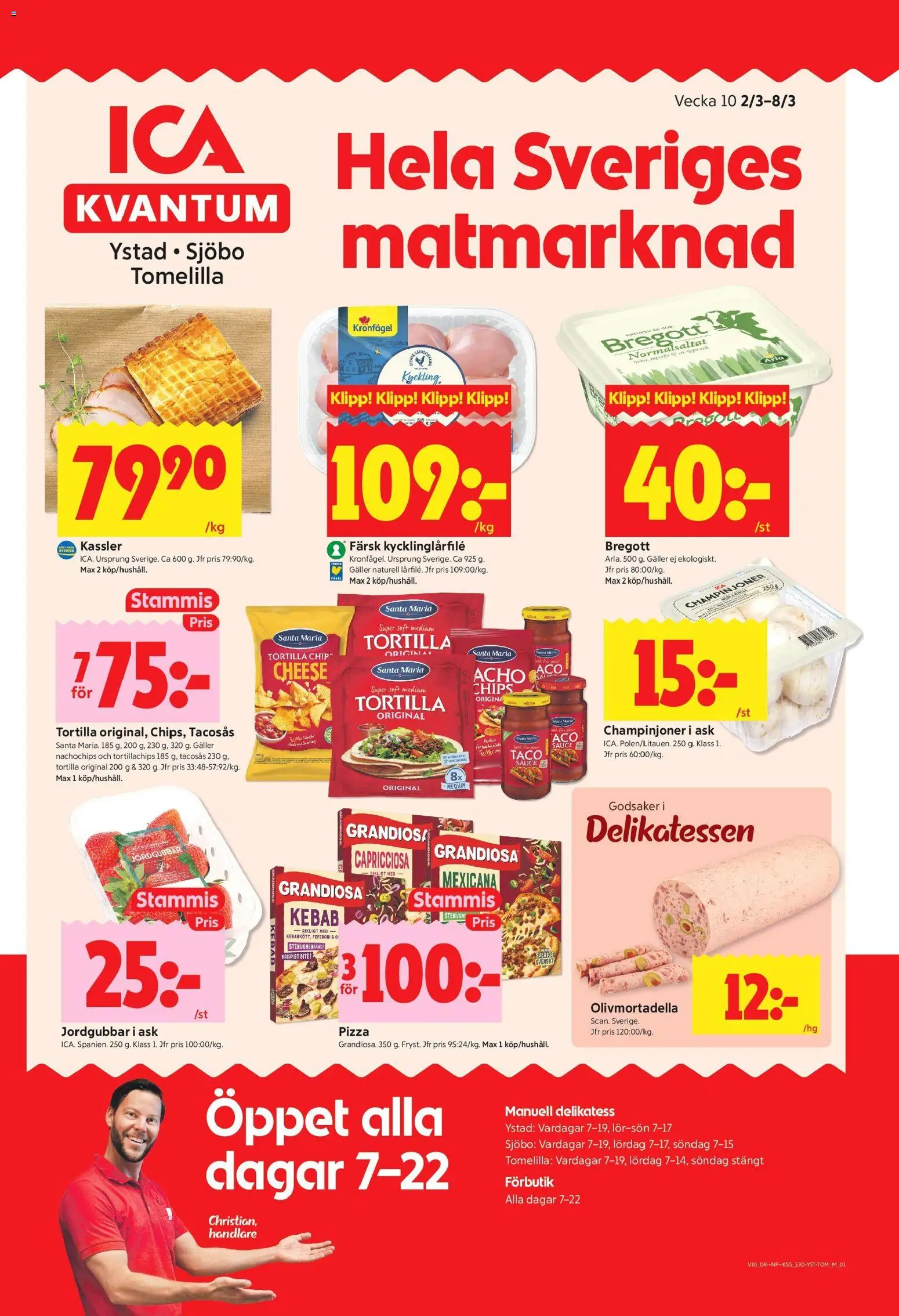 ICA Kvantum reklamblad aktuell från 02.03.2026 | Sida: 1 | Produkter: Tortilla, Chips, Bregott, Pizza