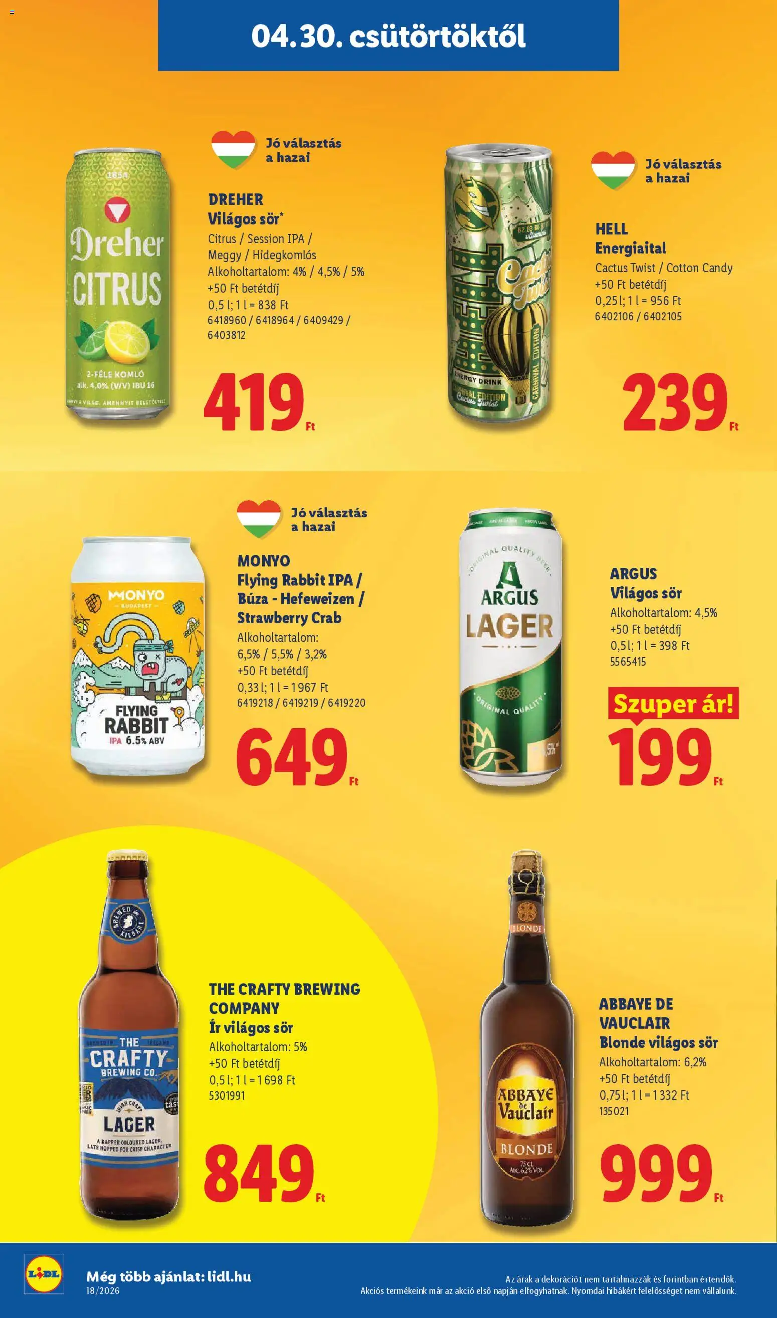 Lidl akciós ujság - amely érvényes a következő dátumtól: 30.04.2026 | Oldal: 18 | Termékek: Energiaital, Meggy, Sör