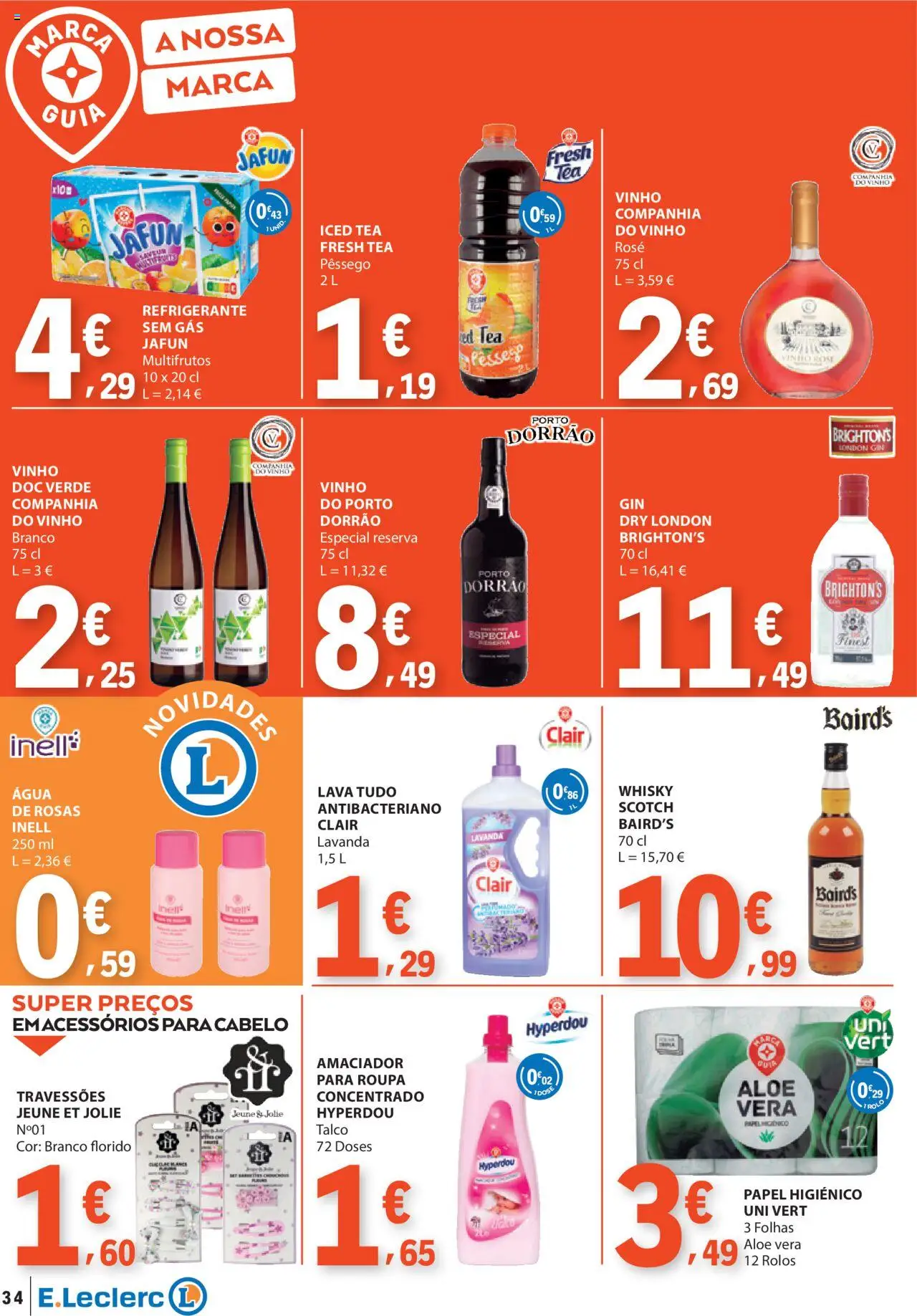 E.Leclerc folheto │ válido de 14.08.2025 | Página: 34 | Produtos: Agua, Refrigerante, Papel higiénico, Gin