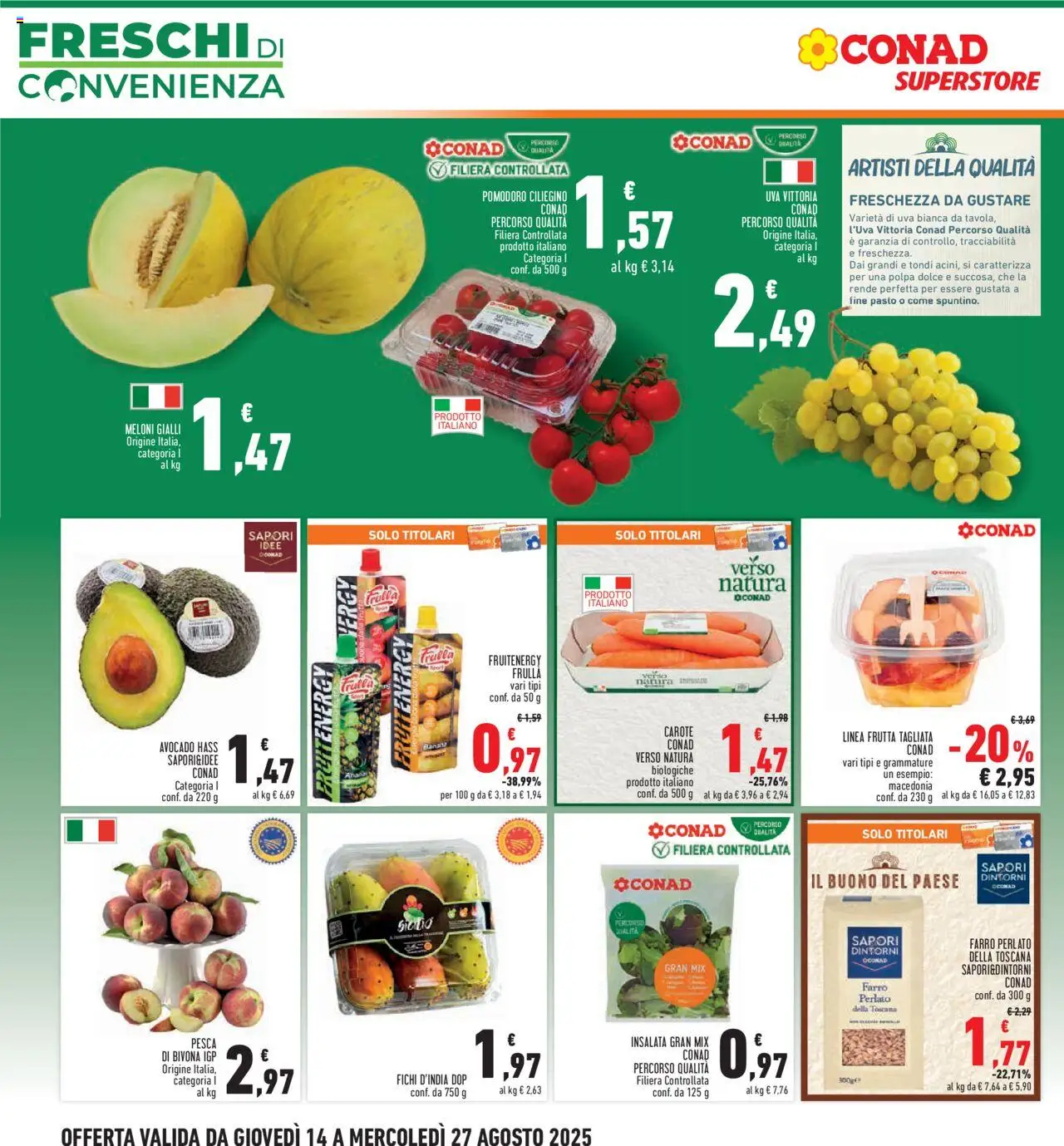 Volantino Conad del 14.08.2025 | Pagina: 2 | Prodotti: Avocado, Frutta, Pomodoro, Uva