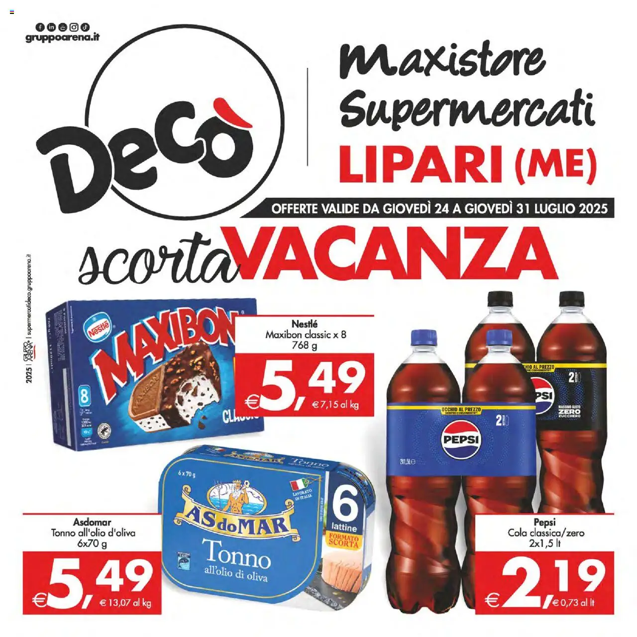 Volantino Decò del 24.07.2025 | Pagina: 1 | Prodotti: Zucchero, Tonno, Pepsi