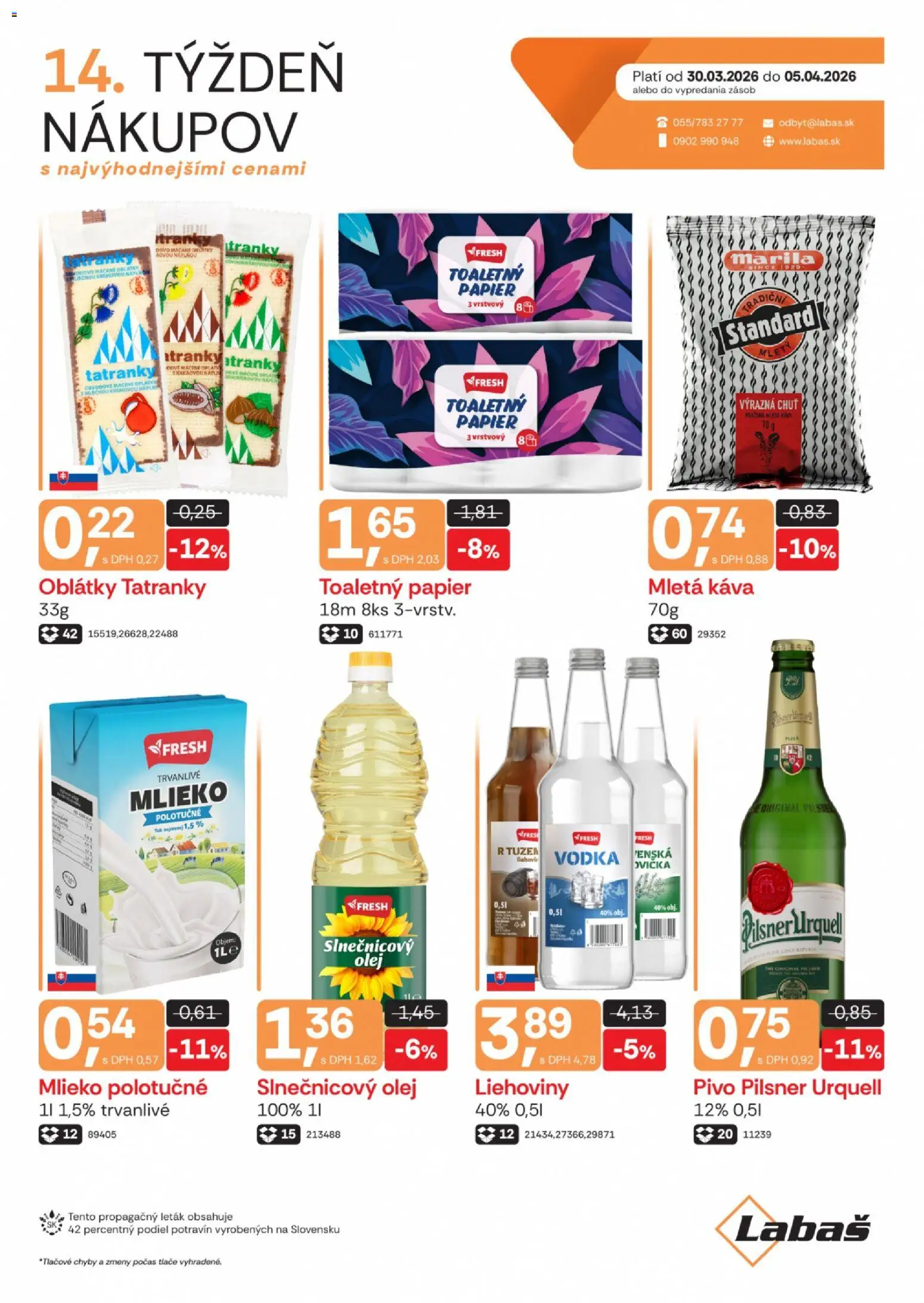 Nové Labaš akcie – leták je platný od 30.03.2026 | Strana: 1 | Produkty: Mlieko, Olej, Slnečnicový olej, Trvanlivé mlieko