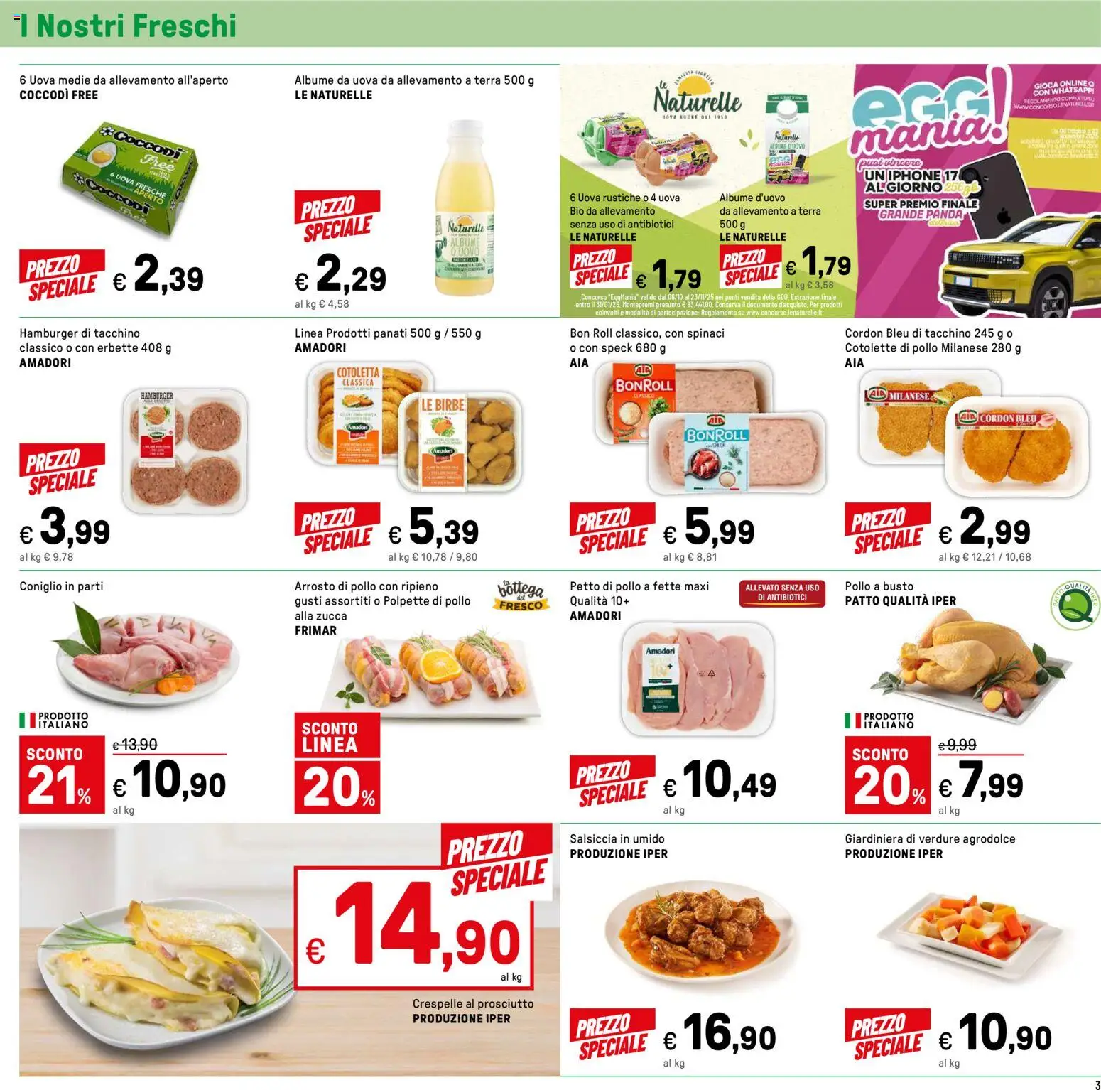 Volantino Iper del 24.10.2025 | Pagina: 3 | Prodotti: Petto di Pollo, Uova, Prosciutto, Spinaci