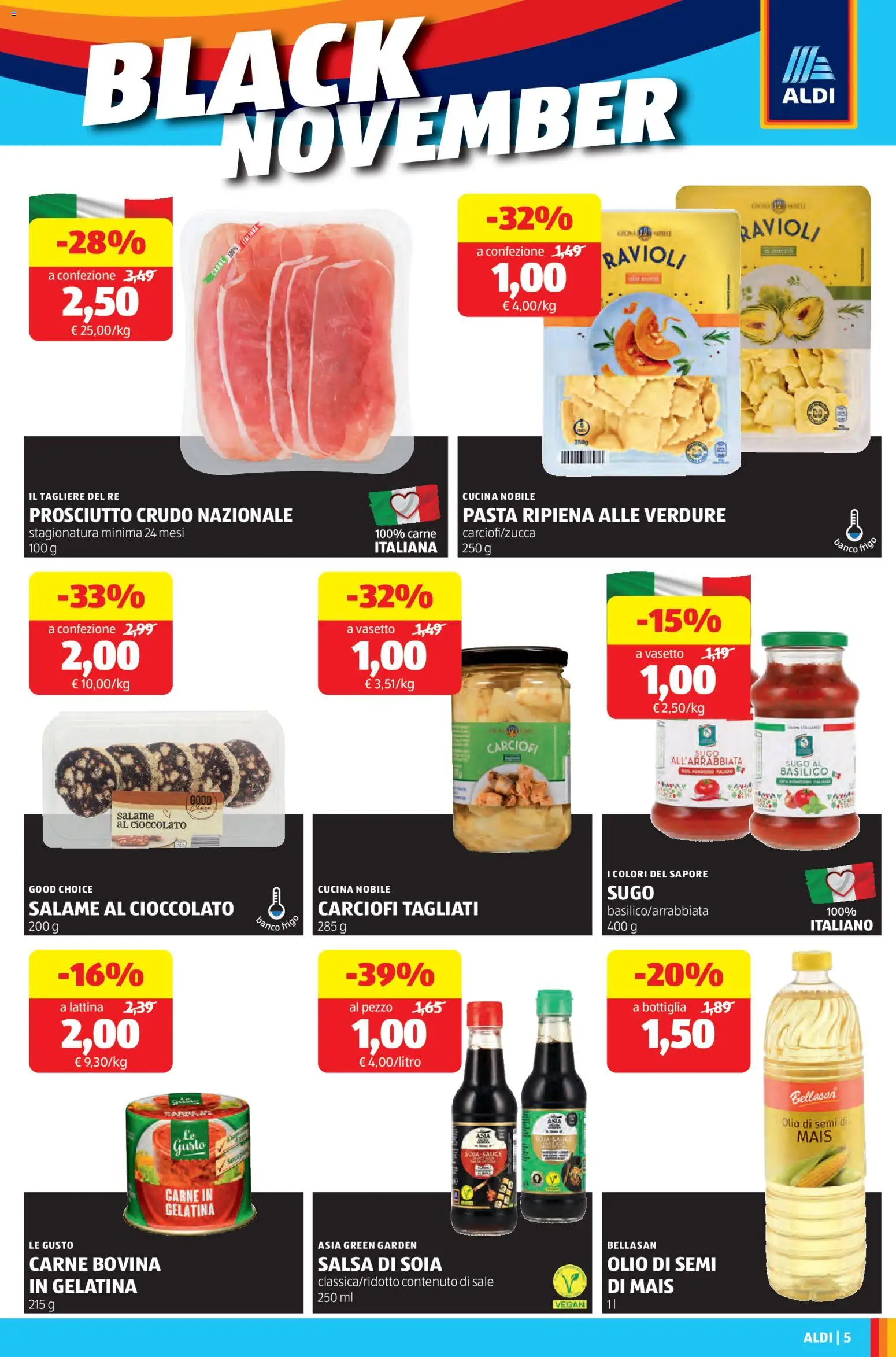 Volantino Aldi del 03.11.2025 | Pagina: 5 | Prodotti: Prosciutto Crudo, Verdure, Sale, Olio