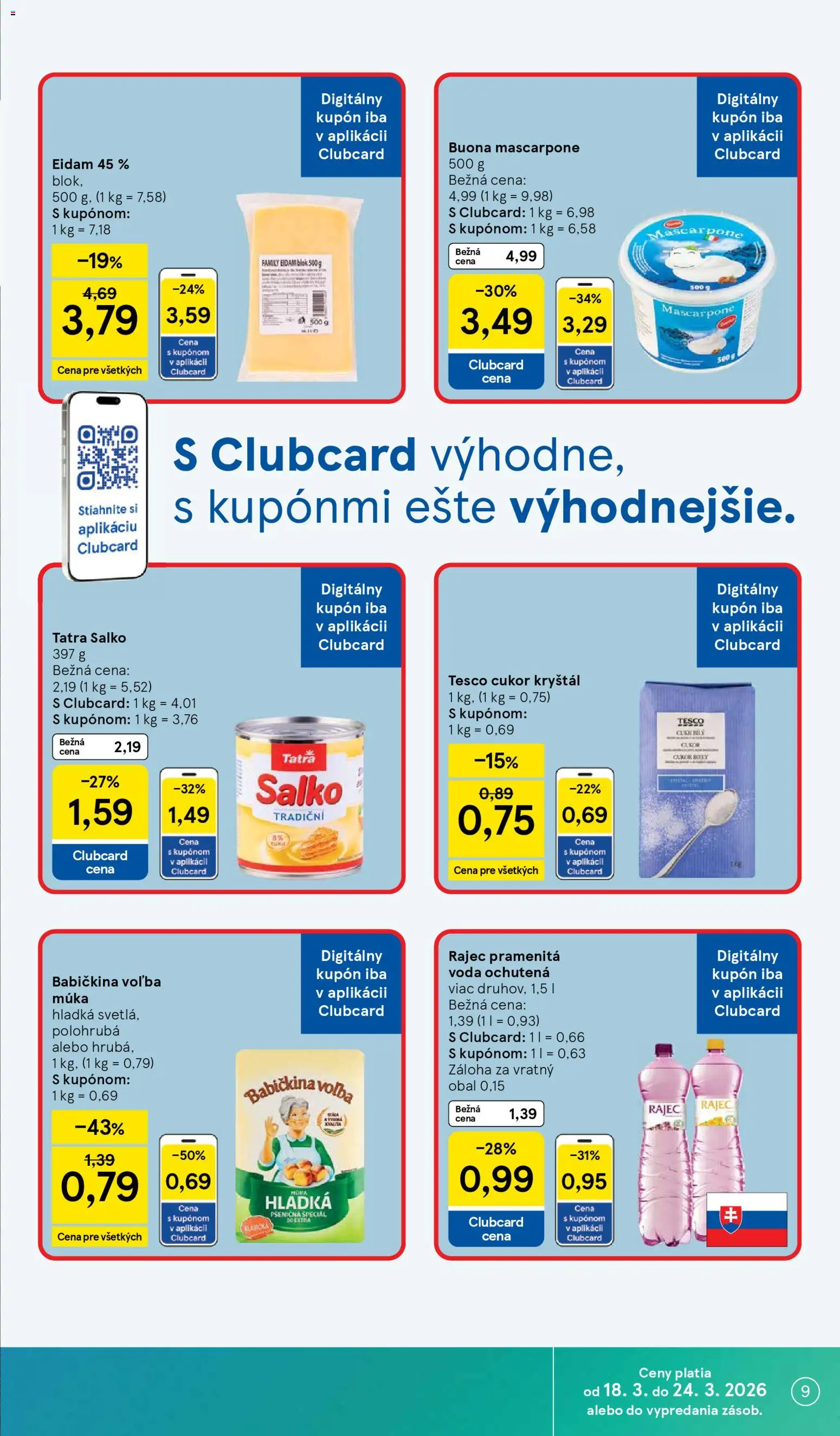 Nové Tesco akcie – leták je platný od 18.03.2026 | Strana: 9 | Produkty: Eidam, Rajec, Voda, Mascarpone