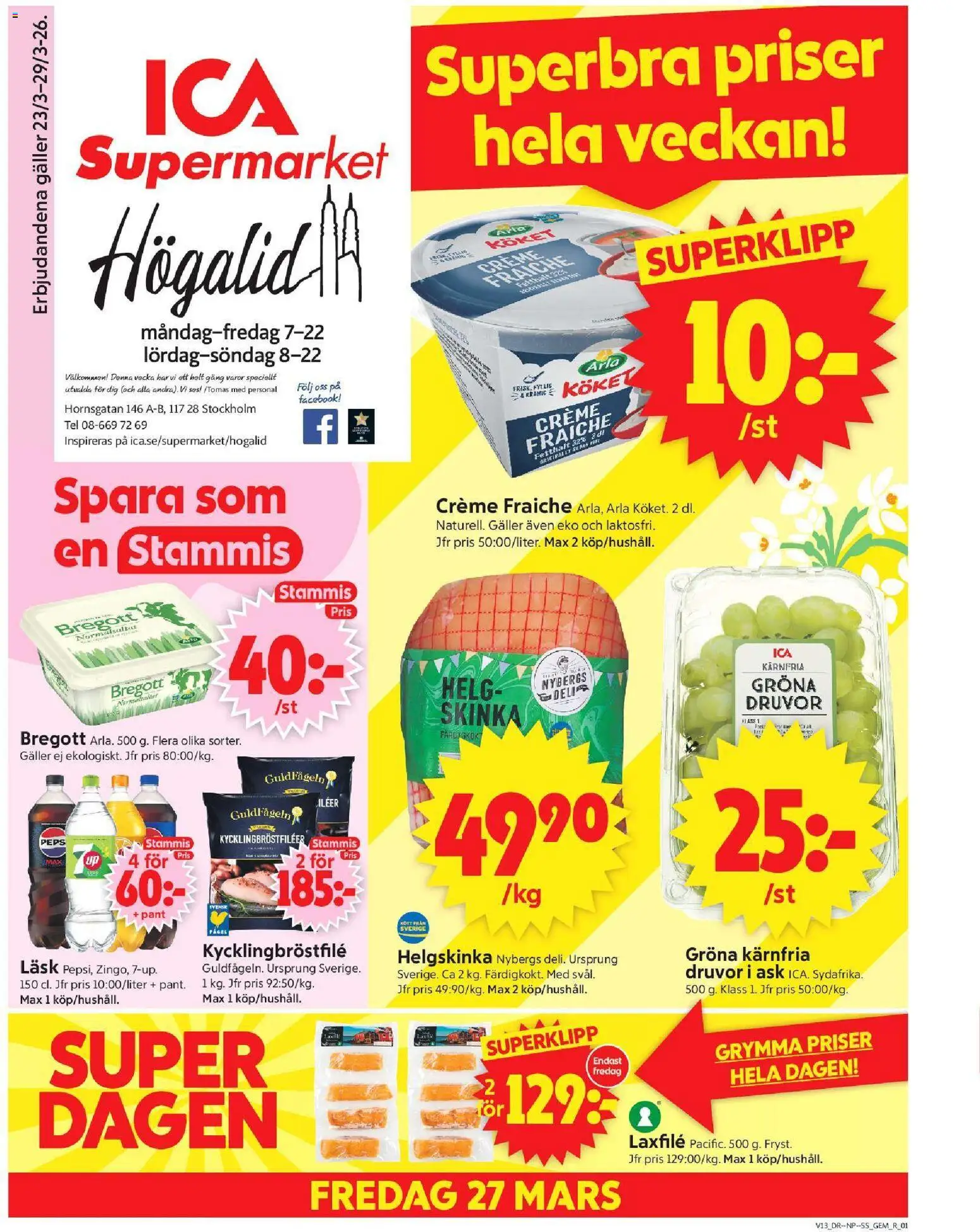 ICA Supermarket reklamblad aktuell från 23.03.2026 | Sida: 1 | Produkter: Gem, Galler, Bregott, Skinka