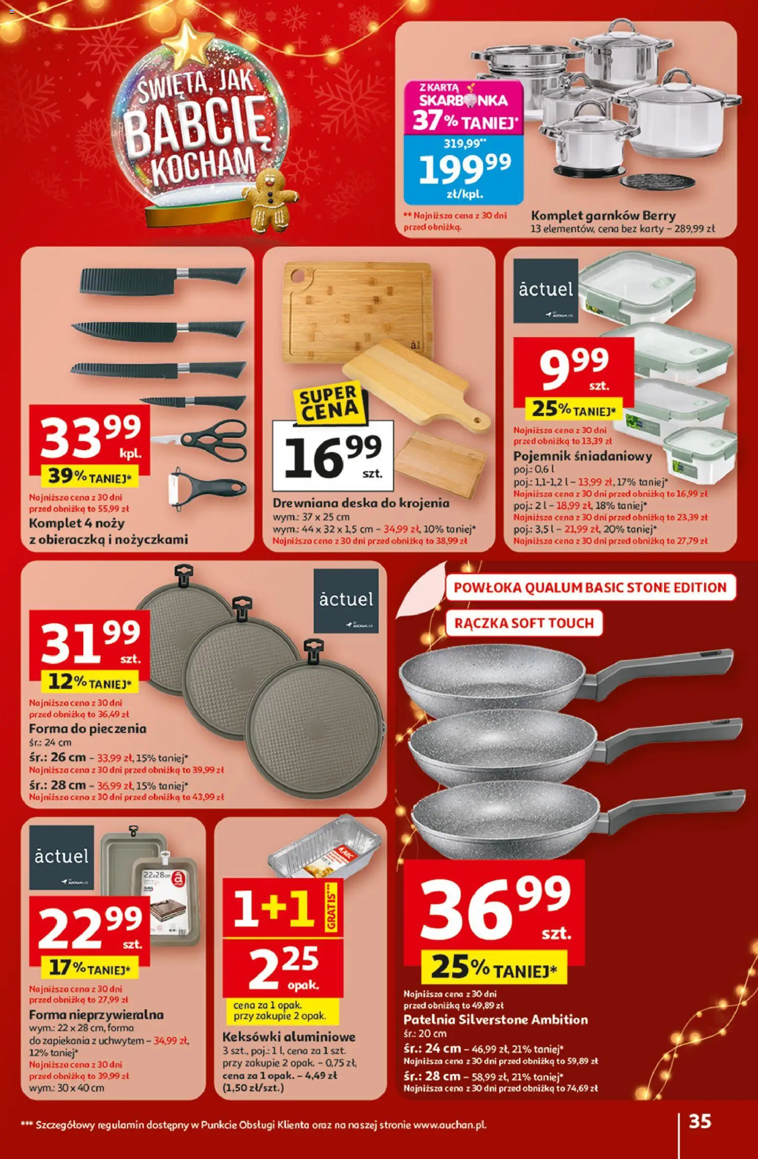 Auchan Gazetka - Święta jak babcię kocham Hipermarket od 18.12.2025 | Strona: 35 | Produkty: Karta, Komplet garnków, Deska do krojenia, Patelnia