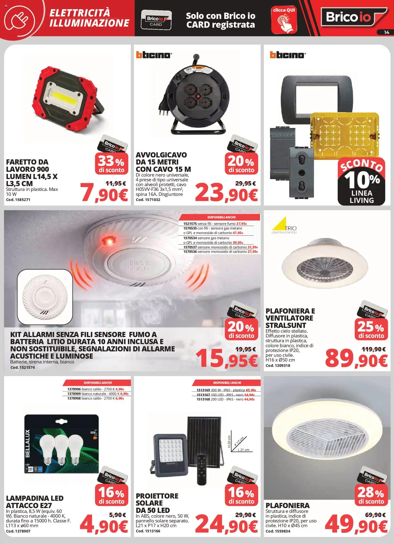 Volantino Brico io del 02.04.2026 | Pagina: 14 | Prodotti: Faretto, Ventilatore, Cavo, Batteria