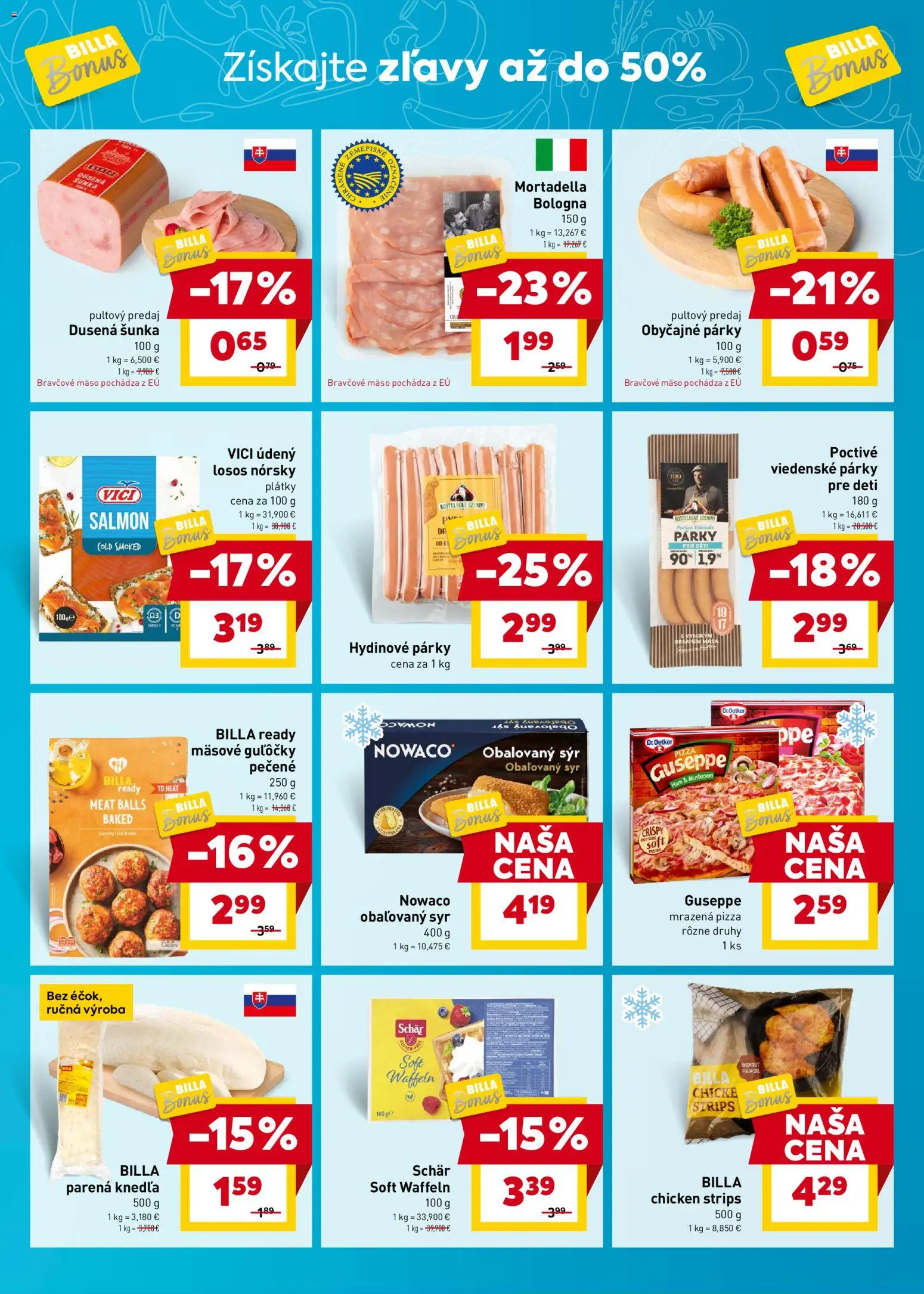Nové Billa akcie – leták je platný od 26.11.2025 | Strana: 3 | Produkty: Syr, Šunka, Pizza, Losos