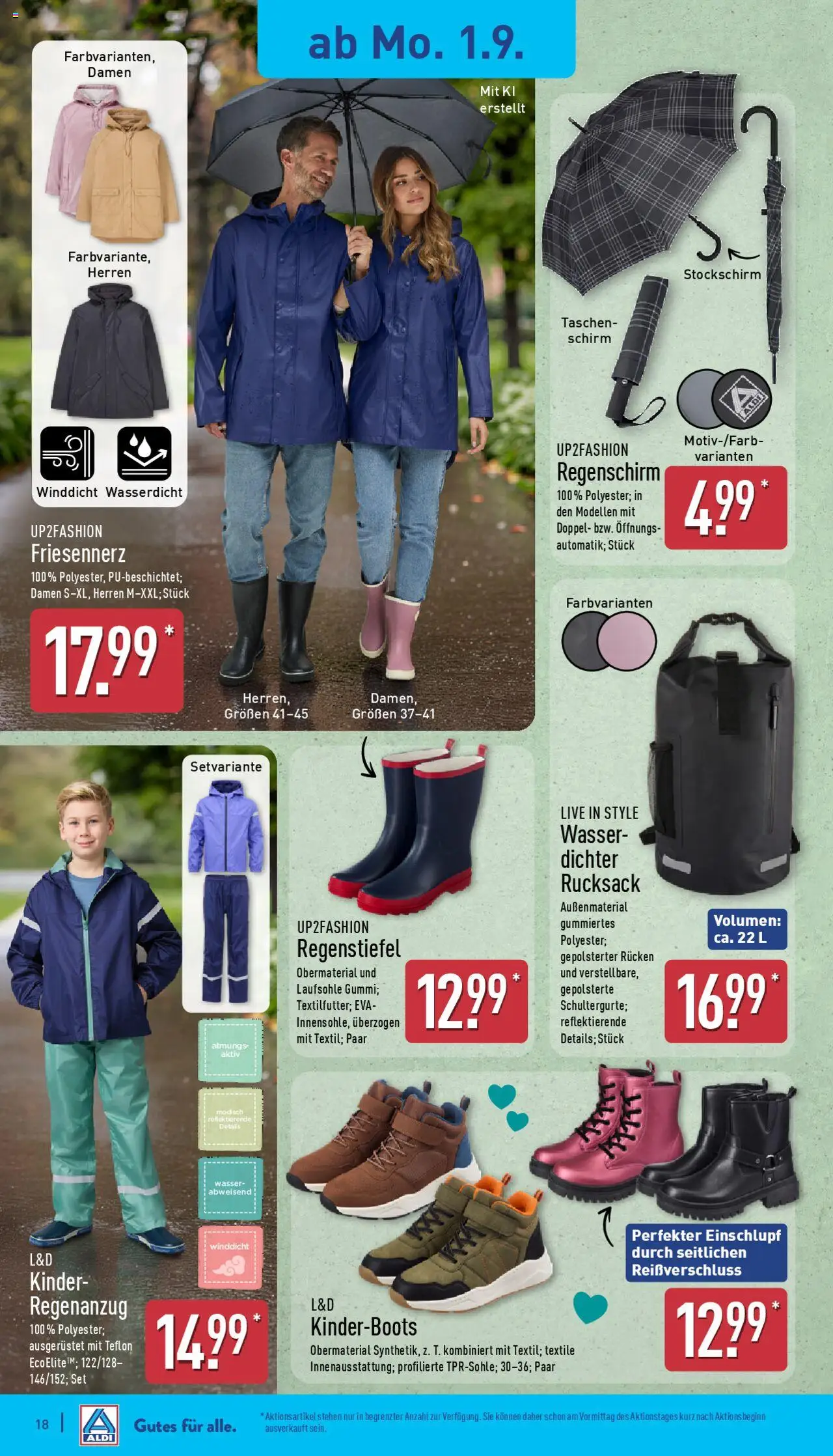 Aldi Prospekt 	 - gültig ab dem 01.09.2025 | Seite: 18 | Produkte: Up2fashion, Wasser, Rucksack, Regenschirm