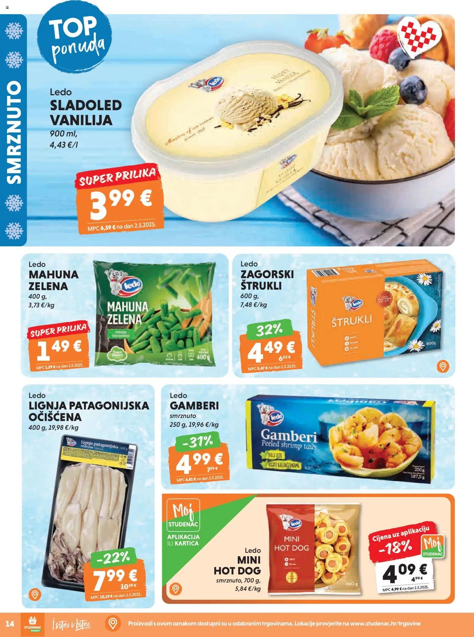 Studenac katalog | vrijedi od 29.04.2026 | Stranica: 14 | Proizvodi: Mahuna, Gamberi, Ledo, Sladoled