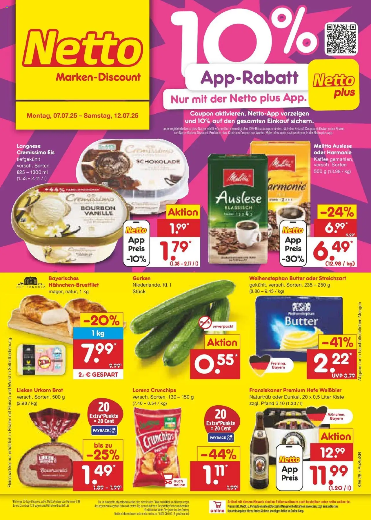 Netto Marken-Discount prospekt Regensburg	 - gültig ab dem 06.07.2025 | Seite: 1 | Produkte: Langnese cremissimo, Weißbier, Wurst, Brot