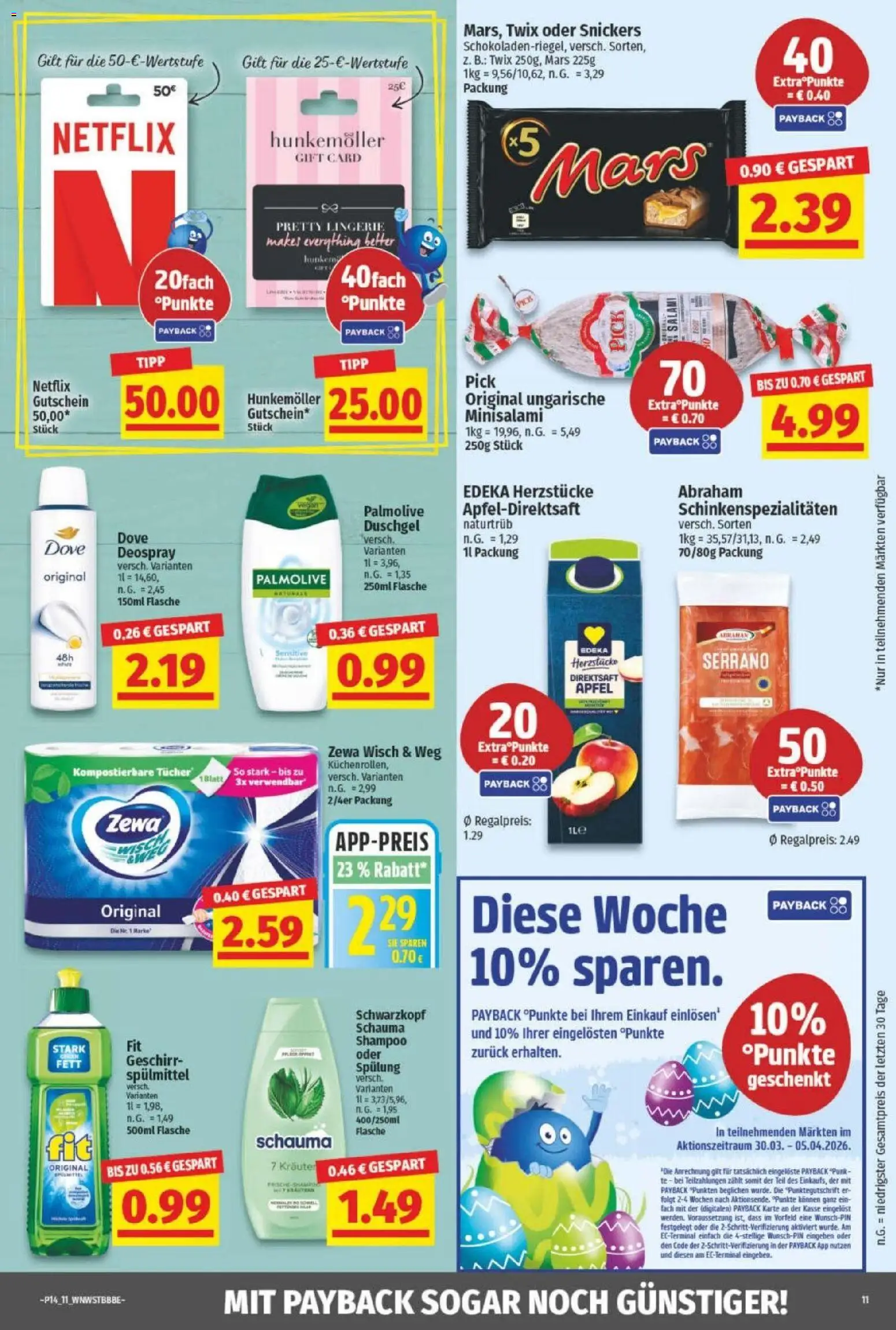NP Discount Prospekt – gültig ab 30.03.2026 | Seite: 11 | Produkte: Schauma shampoo, Snickers, Twix, Salami
