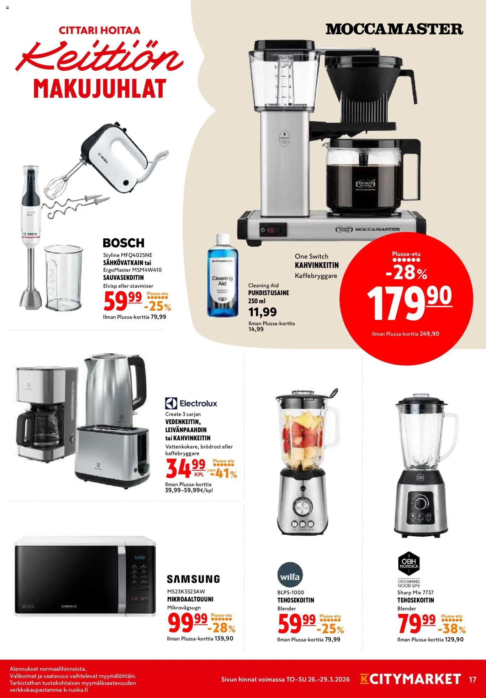 K-Citymarket tarjoukset – voimassa 26.03.2026 alkaen | Sivu: 17 | Tuotteet: Sähkövatkain, Sauvasekoitin, Tehosekoitin, Puhdistusaine
