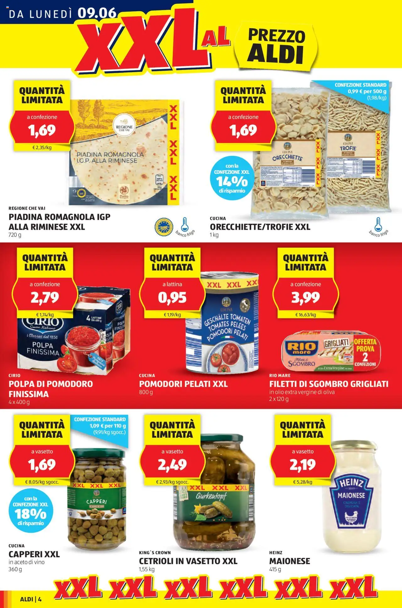Volantino Aldi del 09.06.2025 | Pagina: 4 | Prodotti: Maionese, Pasta, Olio extra vergine, Sgombro