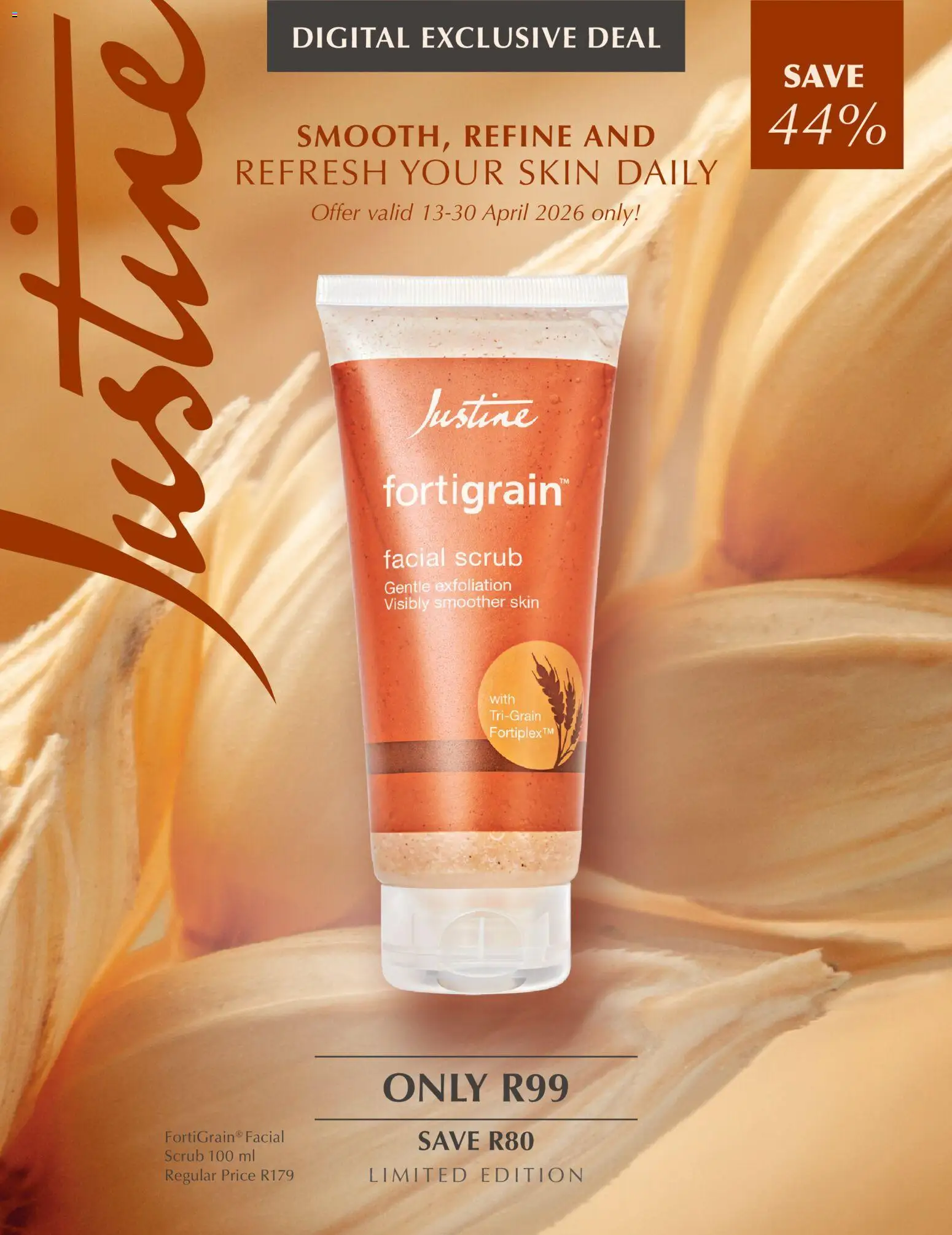 New Justine catalogue – valid from 13.04.2026 | Page: 1 | Products: Scrub, Facial scrub