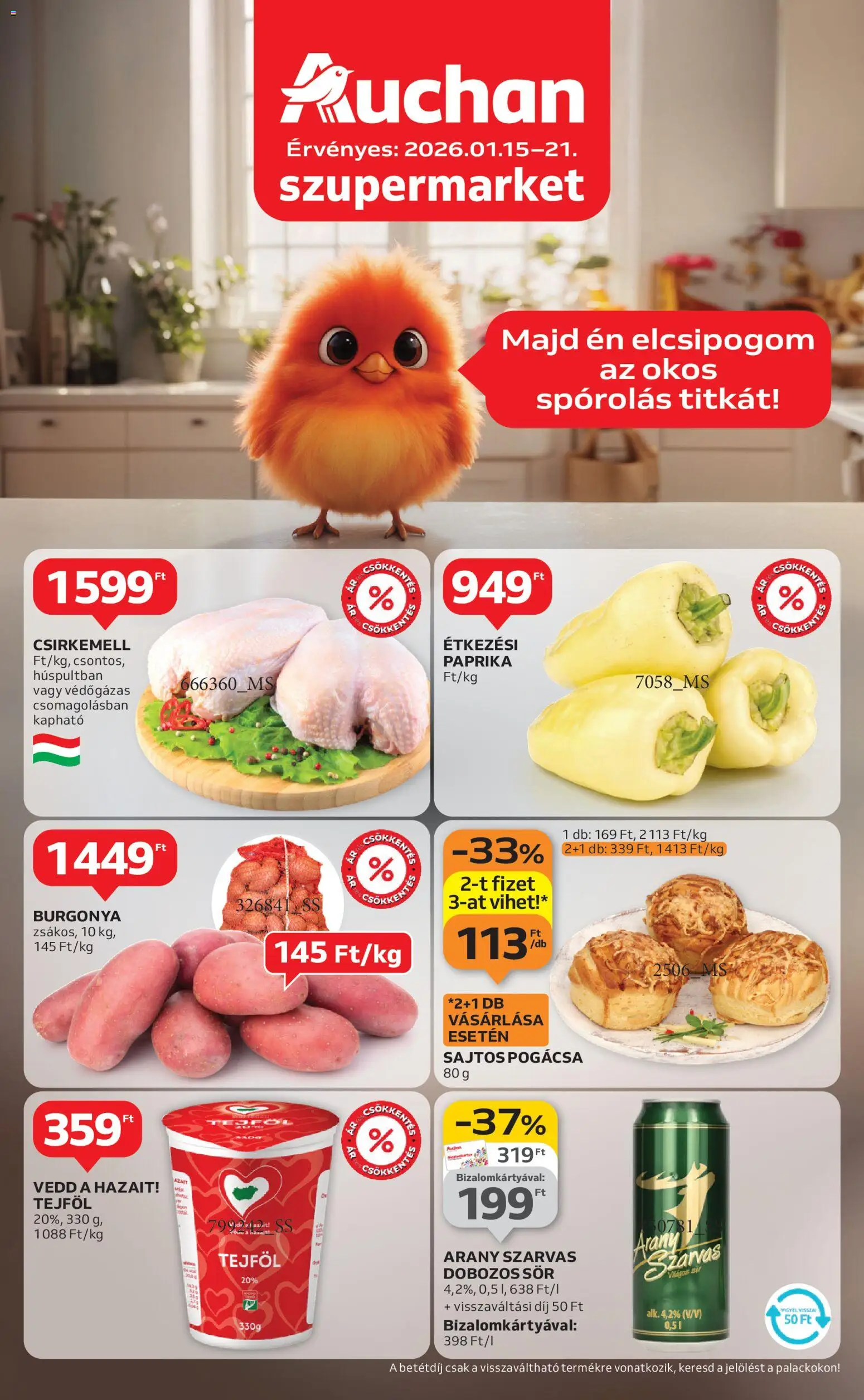 Auchan akciós ujság - amely érvényes a következő dátumtól: 15.01.2026 | Oldal: 1 | Termékek: Burgonya, Sör, Tejföl, Pogácsa