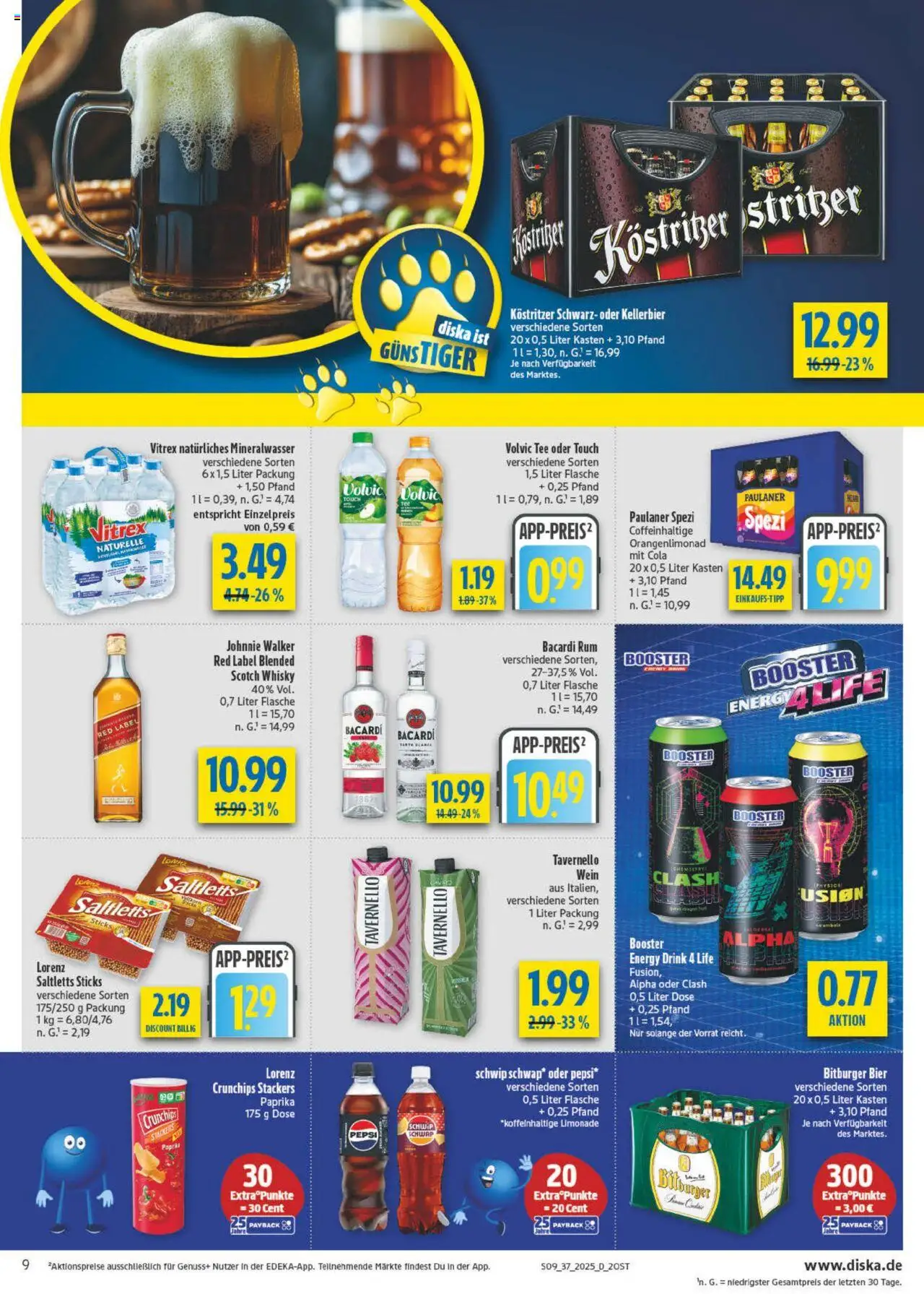 Diska Prospekt 	 – gültig ab 08.09.2025 | Seite: 9 | Produkte: Bacardi, Cola, Paulaner spezi, Volvic