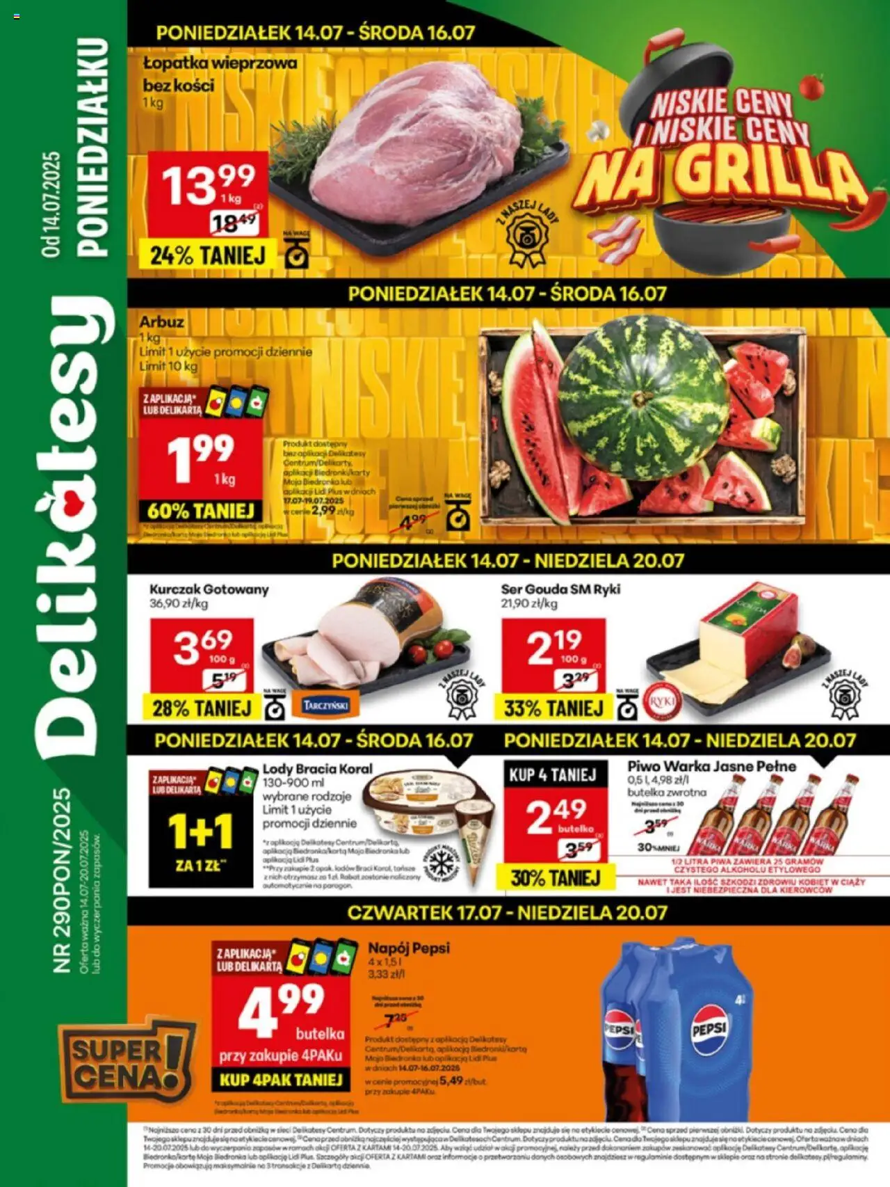 Delikatesy Centrum Gazetka od 14.07.2025 | Strona: 1 | Produkty: Arbuz, Kurczak, Pepsi, Łopatka wieprzowa