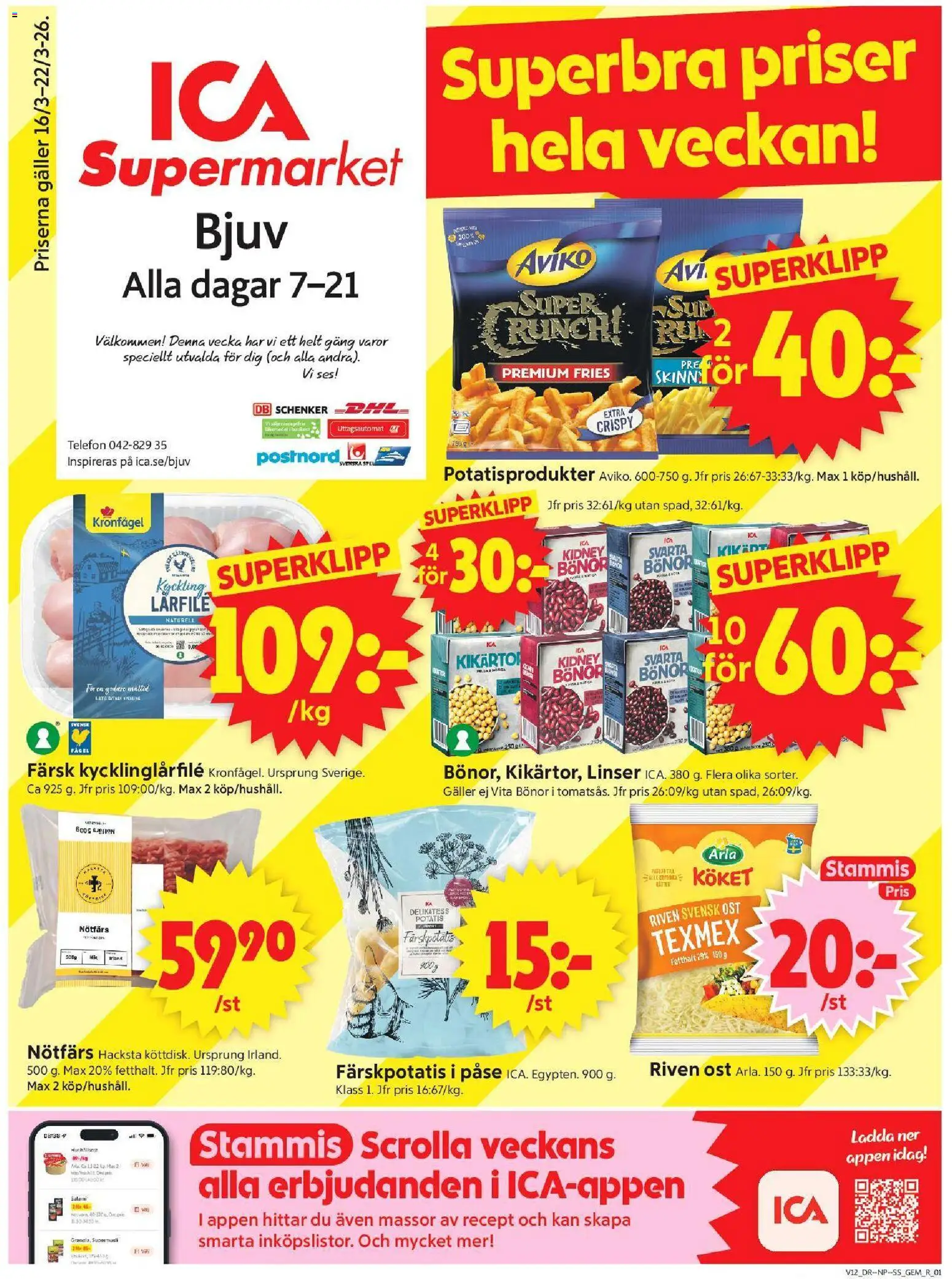 ICA Supermarket reklamblad aktuell från 16.03.2026 | Sida: 1 | Produkter: Ost, Salami, Bönor, Spel