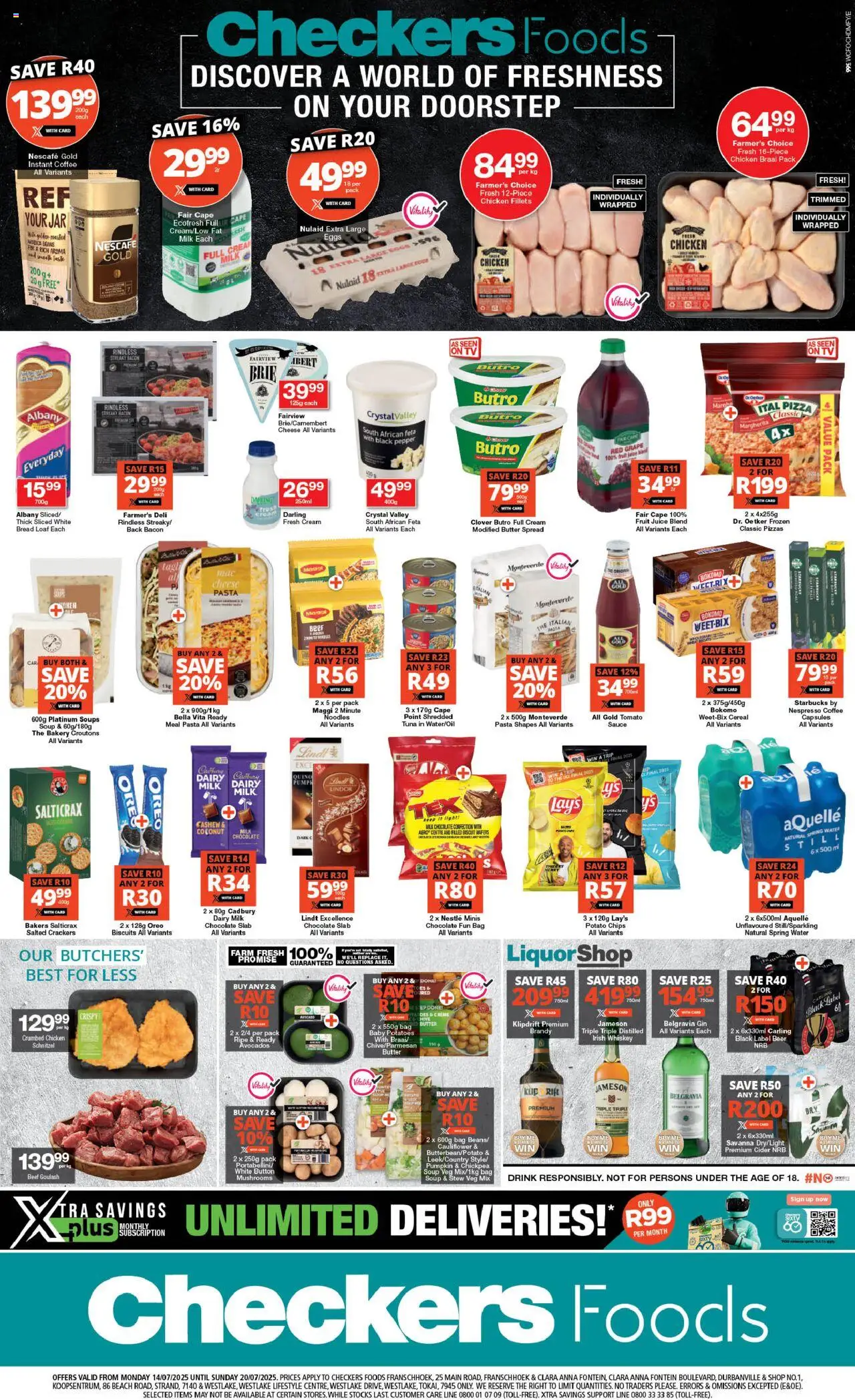 Checkers Western Cape - Foods July Mid-Month Promotion │ valid from 14.07.2025 | Page: 1 | Products: Tuna, Cheese, Estuche organizador de viaje, Bacon