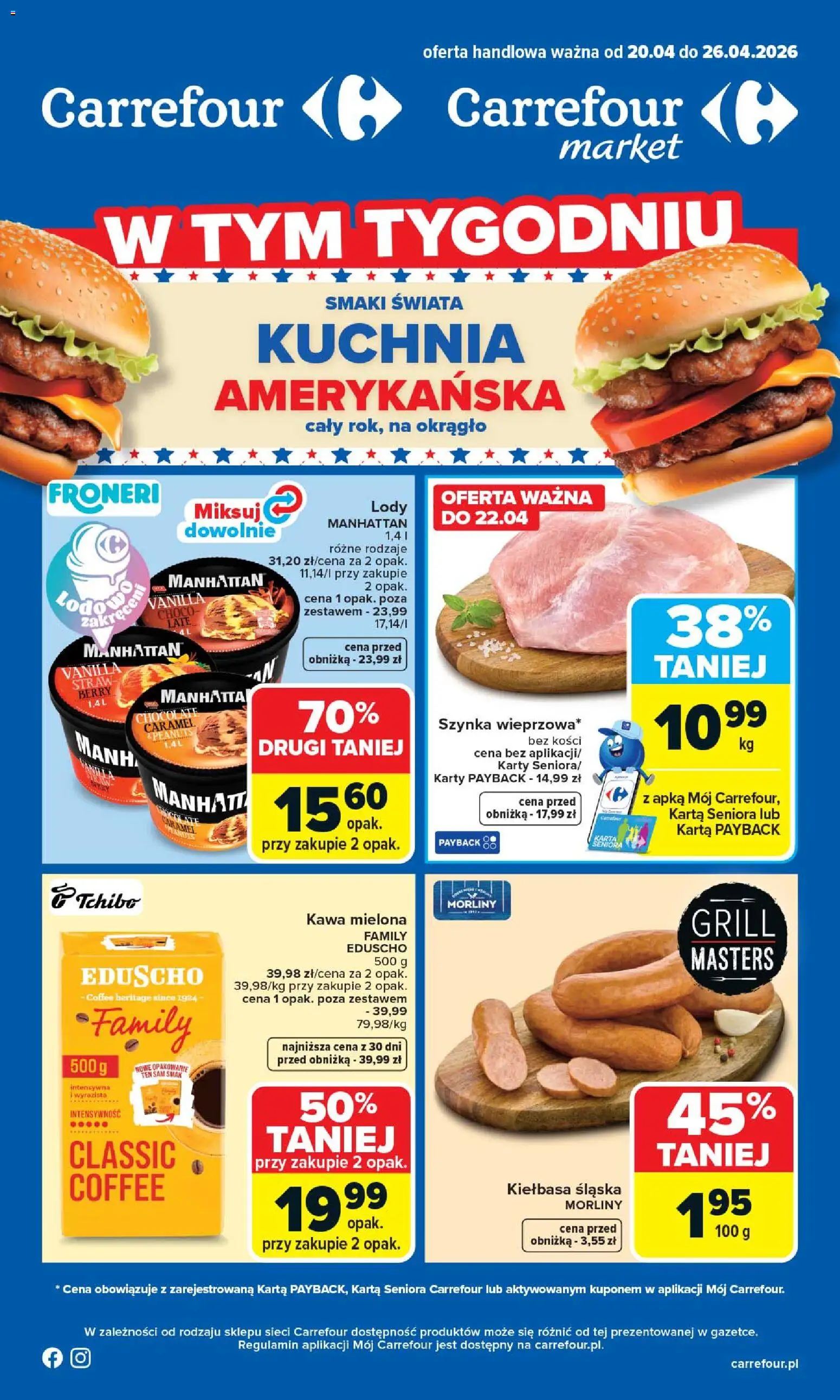 Carrefour gazetka od 20.04.2026 | Strona: 1 | Produkty: Kiełbasa, Karta, Kiełbasa śląska, Lody