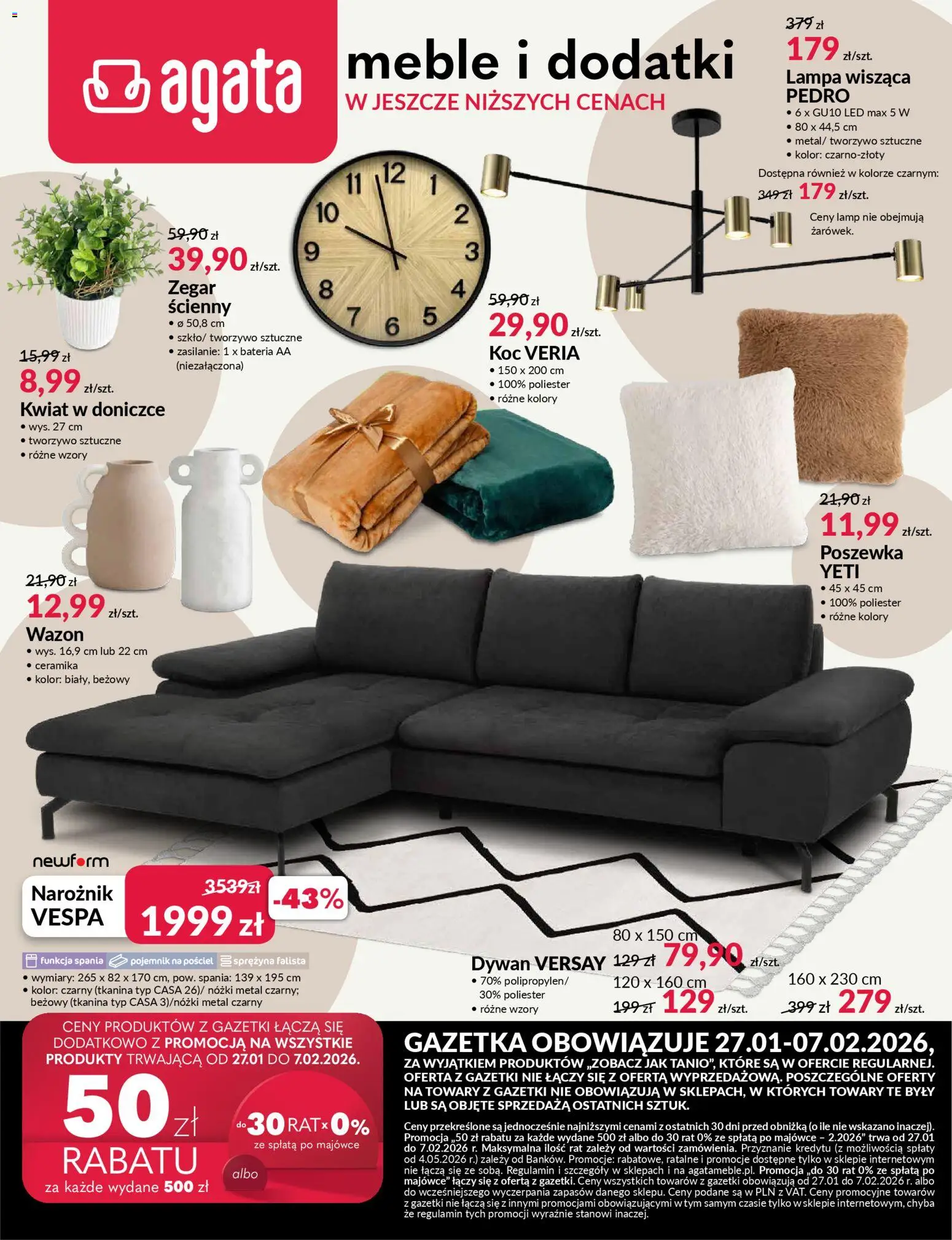 Salony Agata Gazetka od 27.01.2026 | Strona: 1 | Produkty: Koc, Bateria, Wazon, Lampa