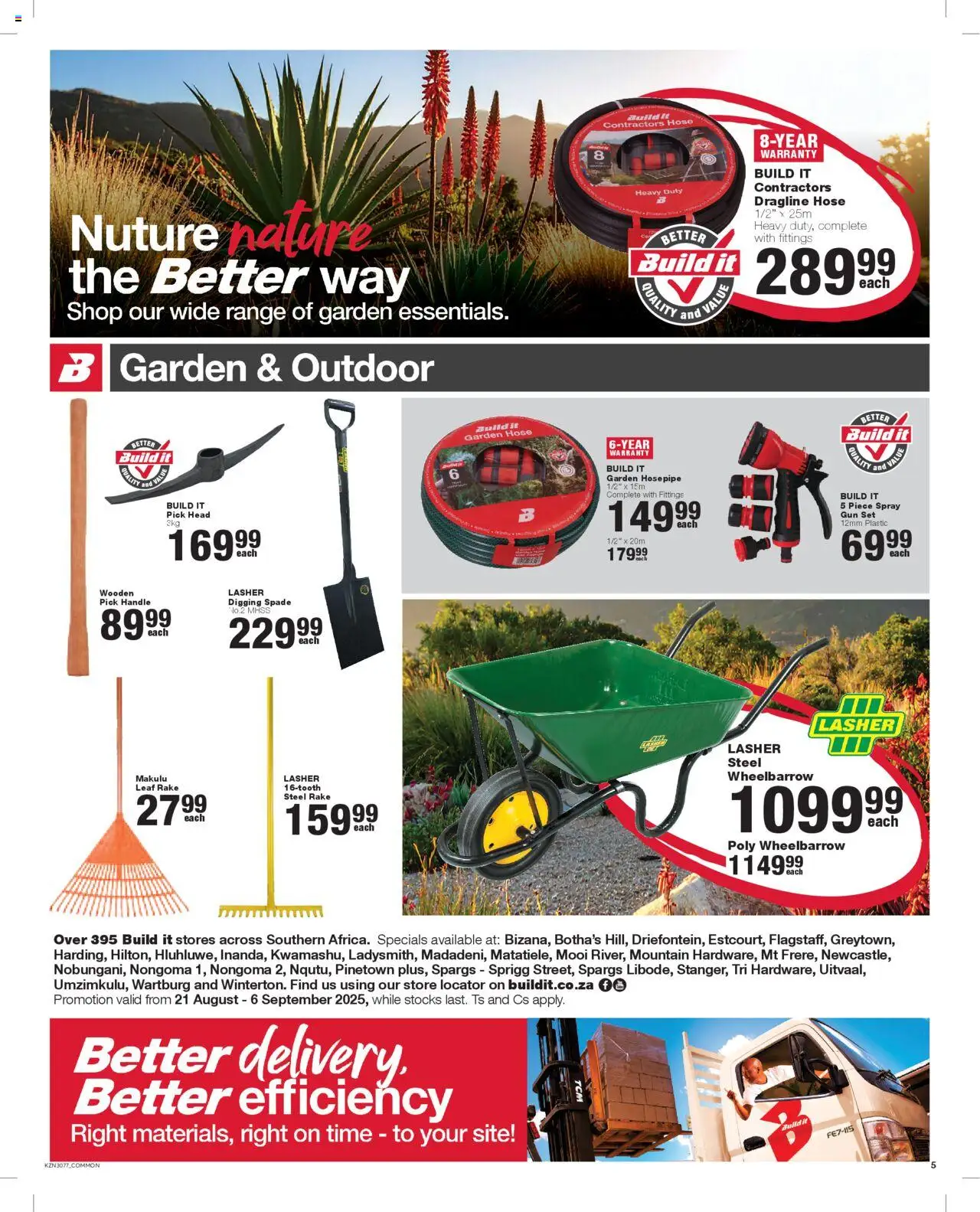Build It Specials │ valid from 21.08.2025 | Page: 5 | Products: Wheelbarrow, Spade, Garden hose