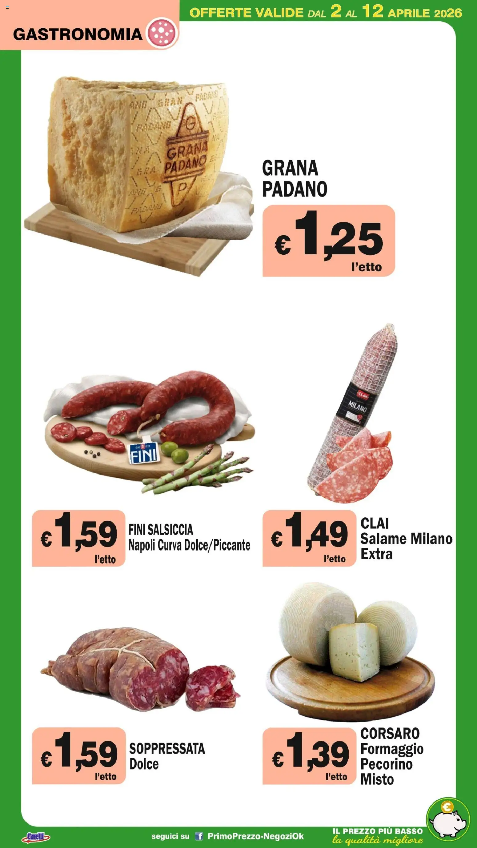 Volantino Primo Prezzo del 02.04.2026 | Pagina: 41 | Prodotti: Formaggio, Salsiccia, Grana Padano, Pecorino