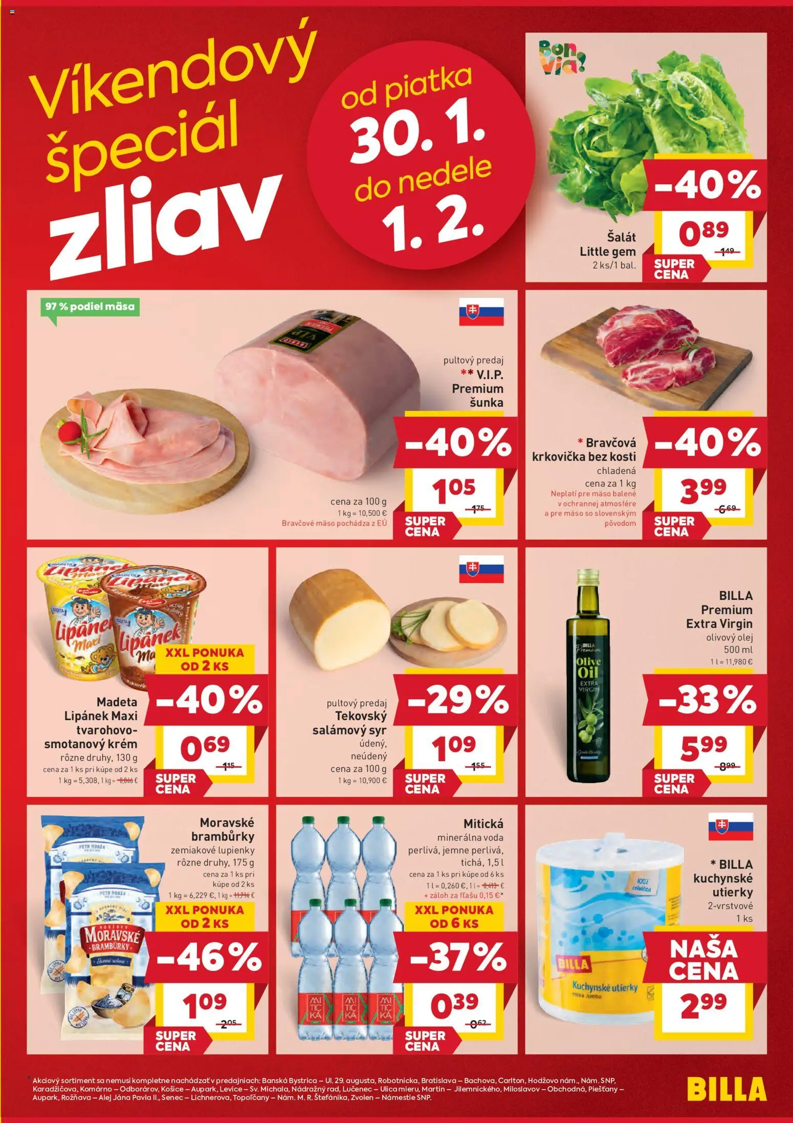 Nové Billa akcie – leták je platný od 28.01.2026 | Strana: 3 | Produkty: Šunka, Krém, Voda, Minerálna voda
